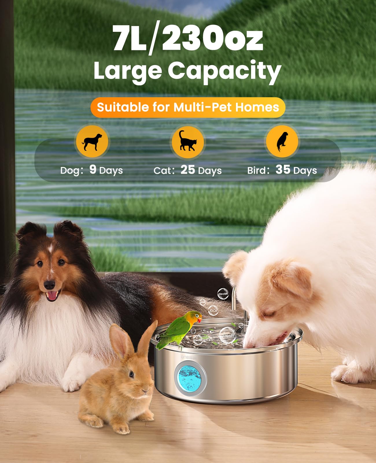 oneisall Dog Water Fountain, 7L Stainless Steel, Quiet Design with Visual Water Level & Triple Filtration for All Breeds
