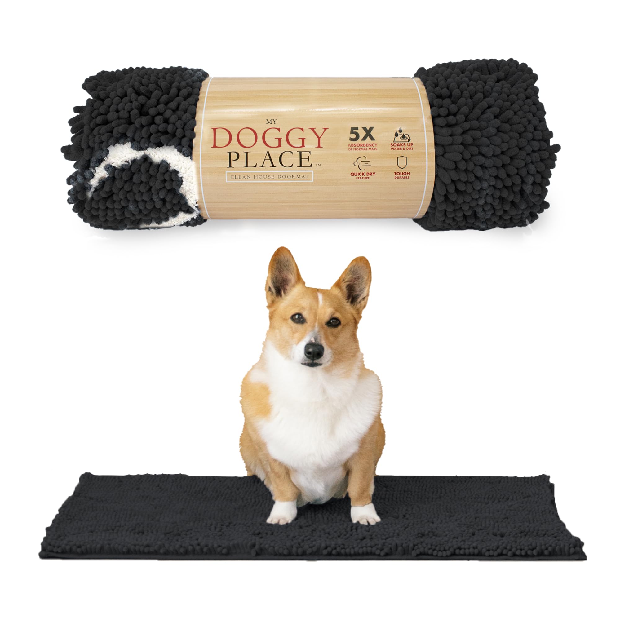My Doggy Place Microfiber Dog Mat for Muddy Paws, 31inch x 20inch Charcoal with Paw Print  Absorbent and QuickDrying Dog Paw Cleanin