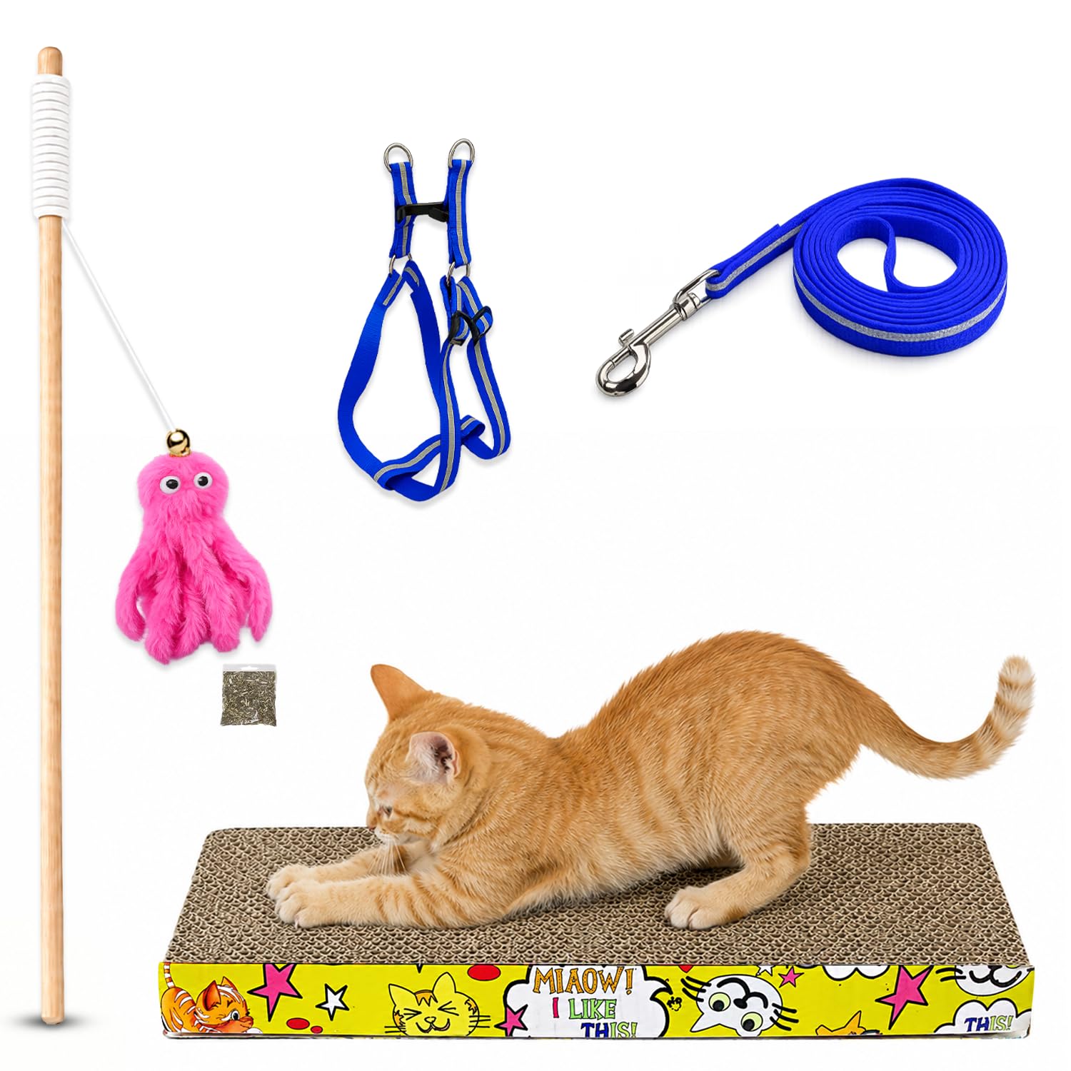 Emily Pets Cat Toy Kit With Interactive Wand, Catnip Toy, Scratch Pad, Adjustable Harness & Reflective Leash | Indoor Kitten Pla
