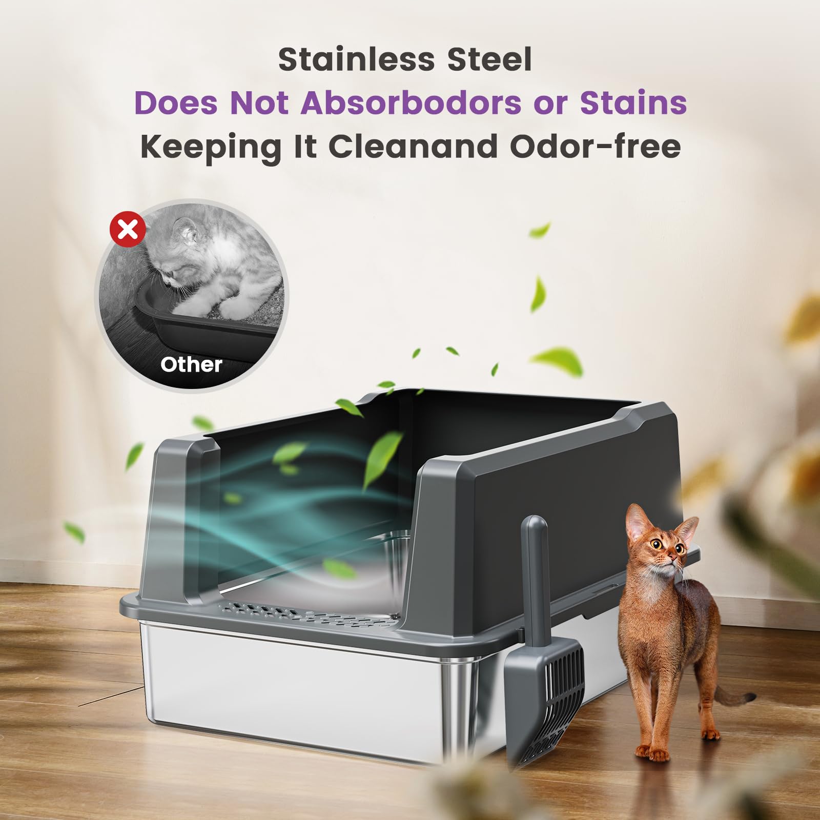 XXL Stainless Steel Cat Litter Box with High Sided, 28 L x 20 W x 14 H Extra Large Litter Box for Big Cats and Multiple Cats, En