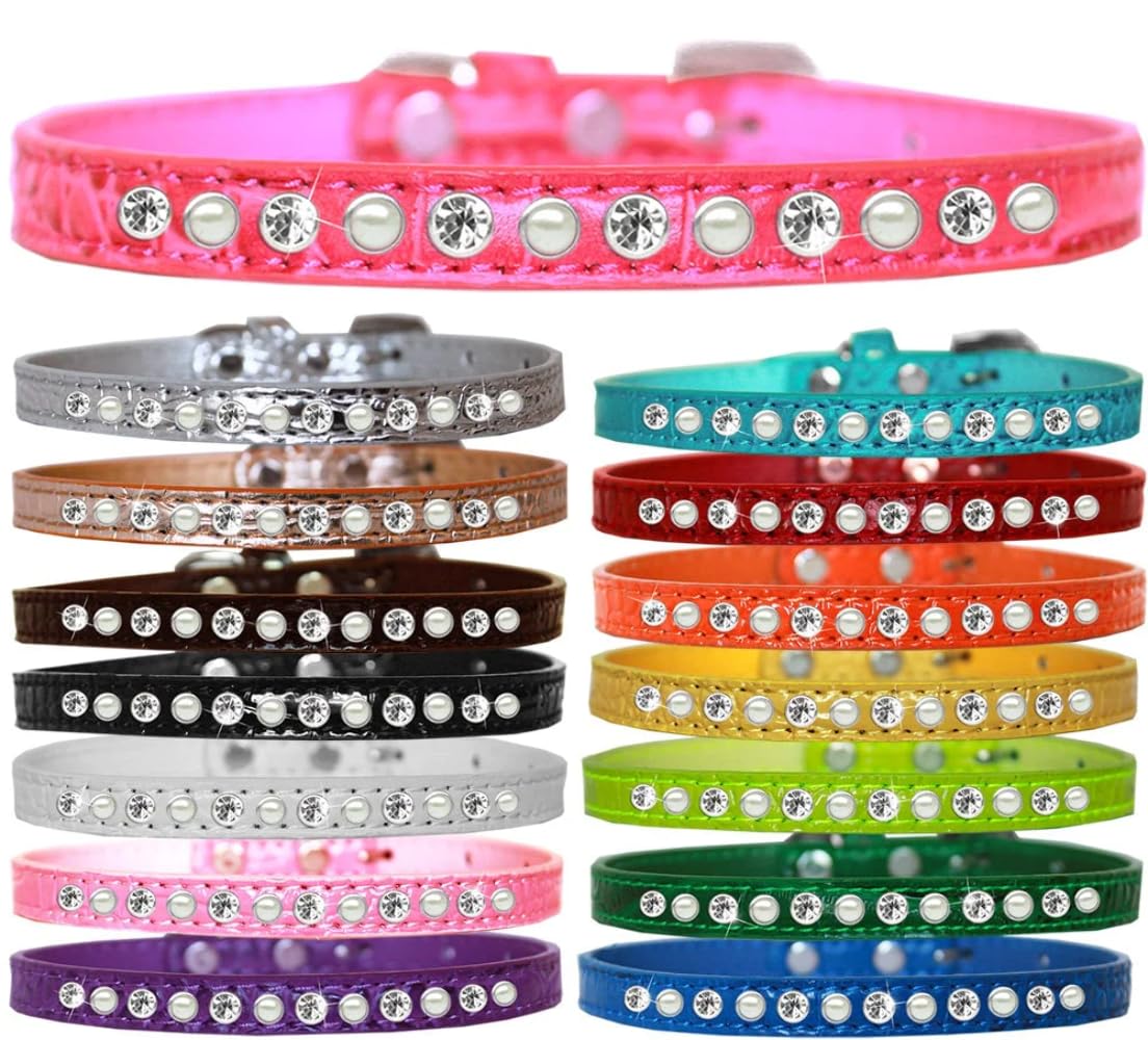 Dog, Puppy and Pet Designer Croc Collar, "One Row Pearl & Clear Crystals Rimsets" Yellow 12