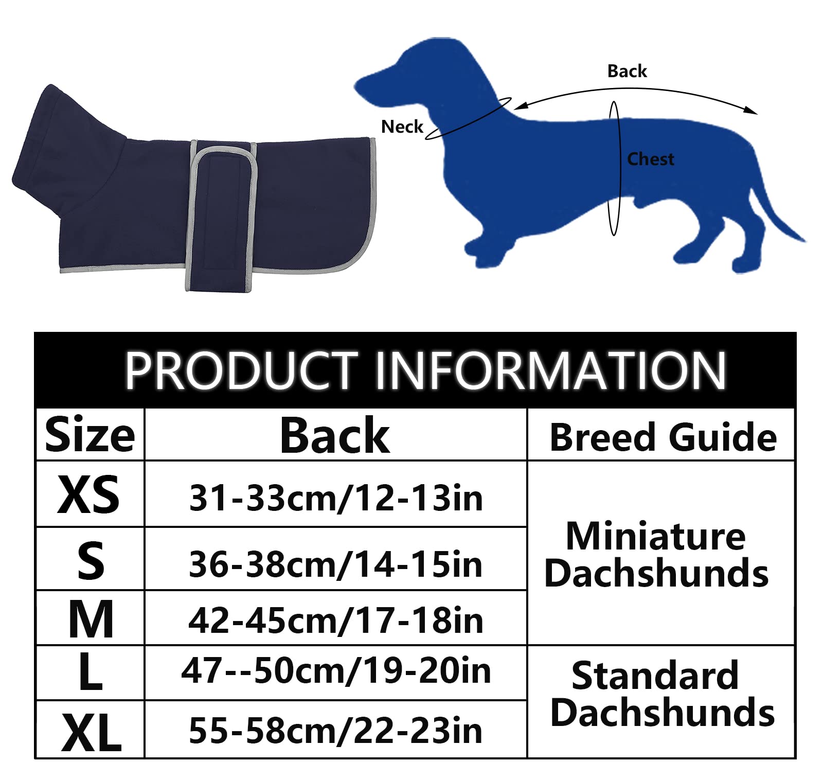 Dog Jacket, Dog Coat Perfect For Dachshunds, Dog Winter Coat With Padded Fleece Lining And High Collar, Dog Snowsuit With Adjustable Bands-Navy-L