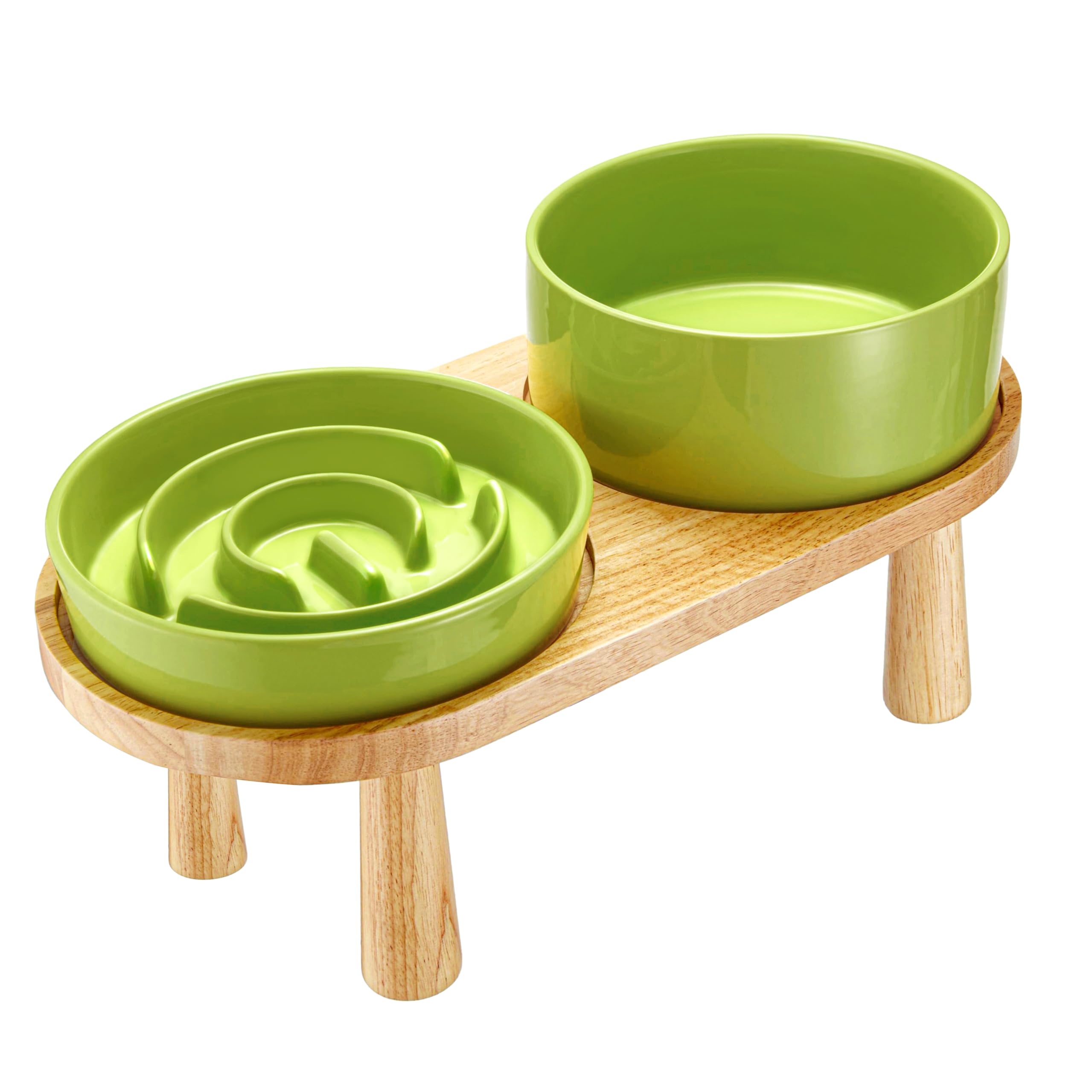 MOPANG Ceramic Slow Feeder and Water Bowl Set for Medium and Large Dogs, Ceramic Dog Bowls Elevated with Wooden Stand, 2.0 Cups 