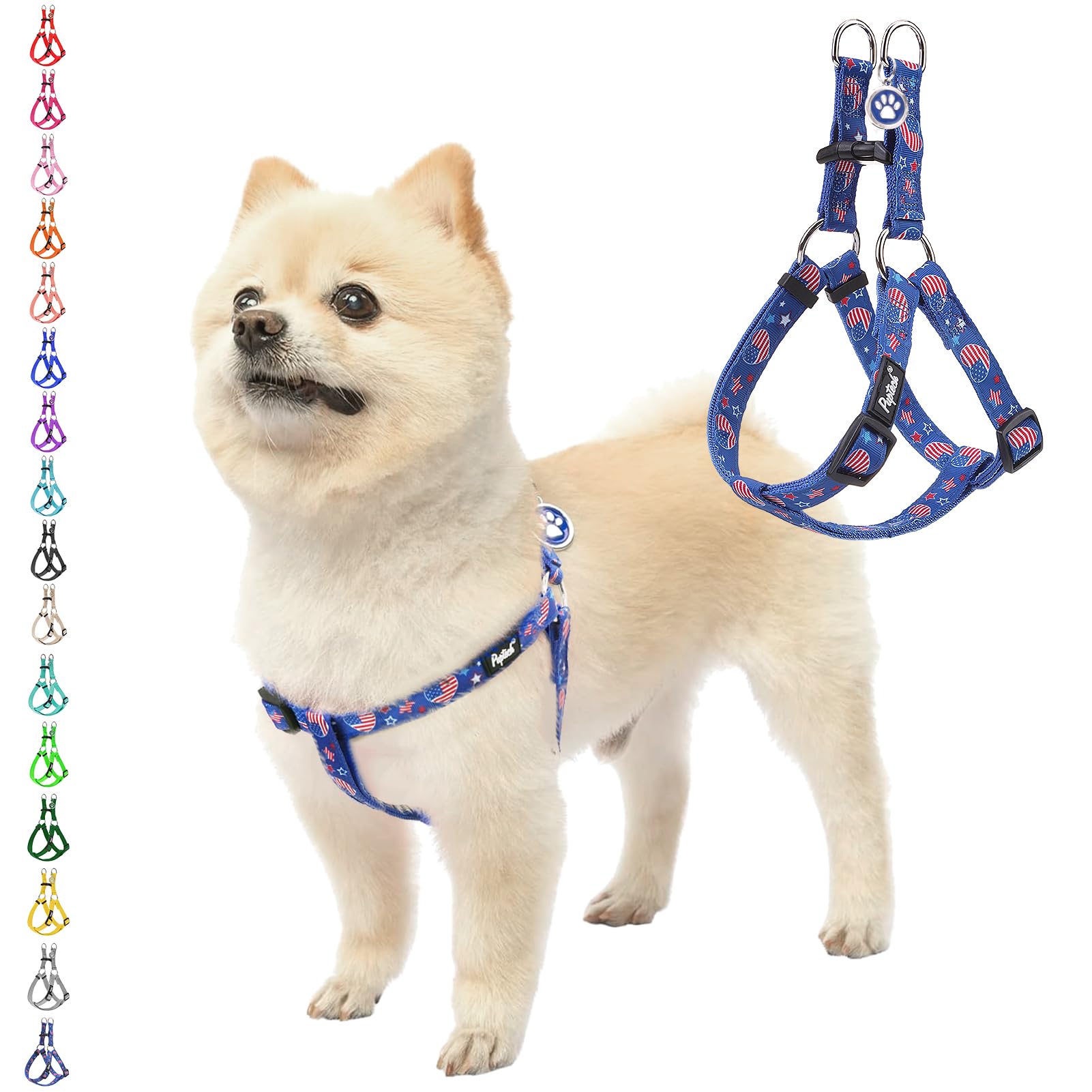 Pupteck No Pull Dog Harness Soft Adjustable Basic Nylon Step In Puppy Vest Outdoor Walking With Id Tag, American Flag, M