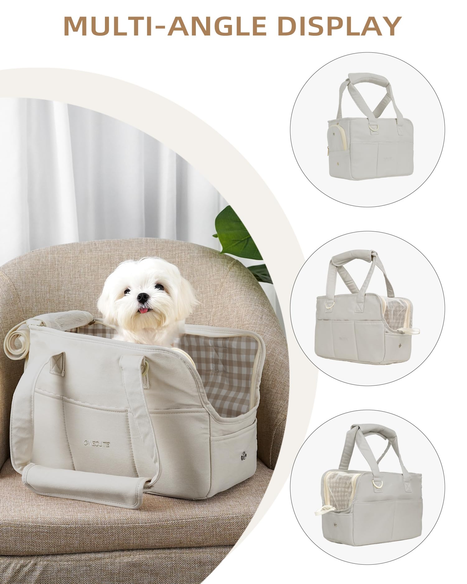 ONECUTE Dog Carrier for Small Dogs, Cotton Soft-Sided Bag, Grey, 17" L x 7.5" W x 12" H, Model C01-US, Collapsible