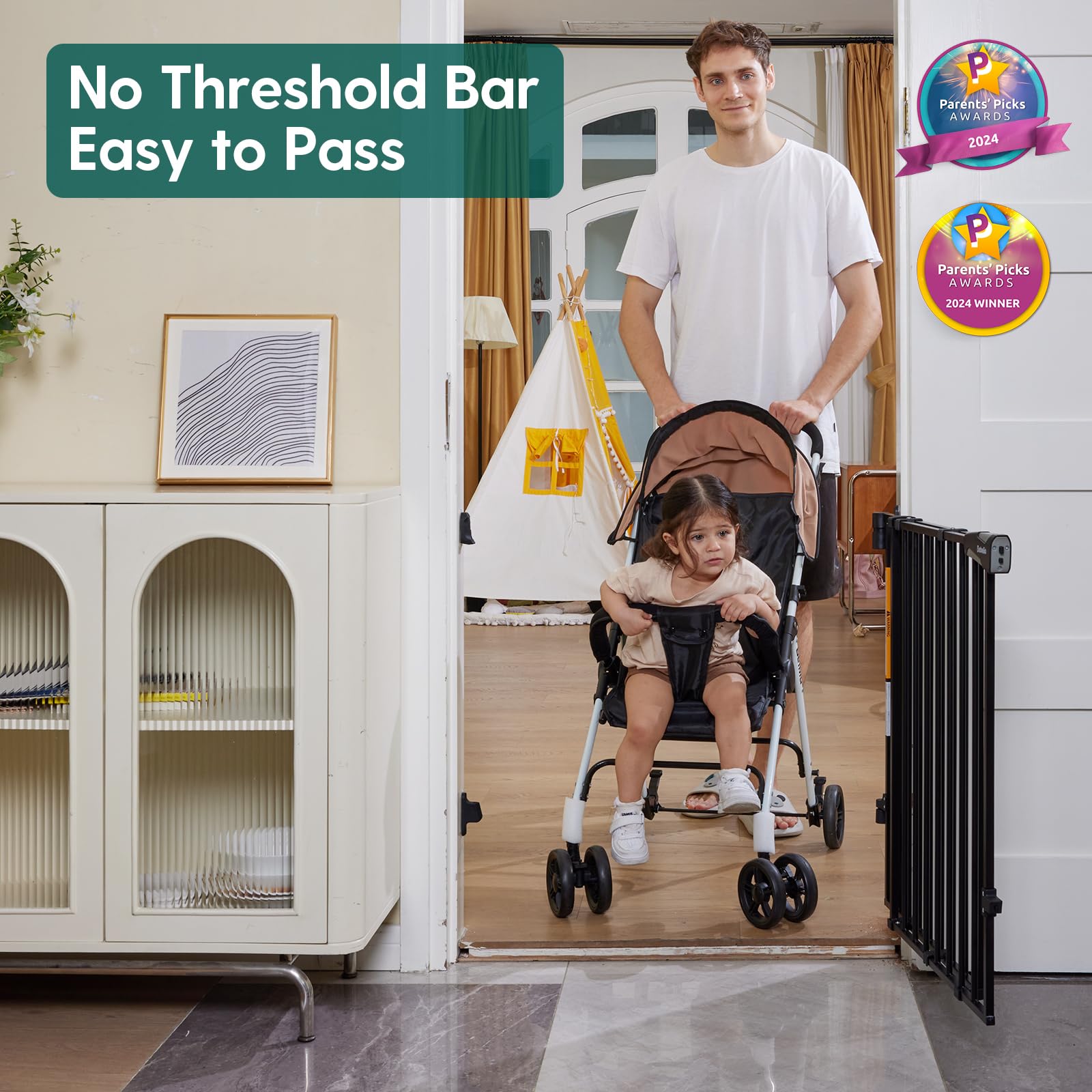 BABELIO 34" Extra Tall Baby/Dog Gate - Auto Close, No Threshold, Fits 26-43" Doorways, Black, Alloy Steel, Model CB-M-101