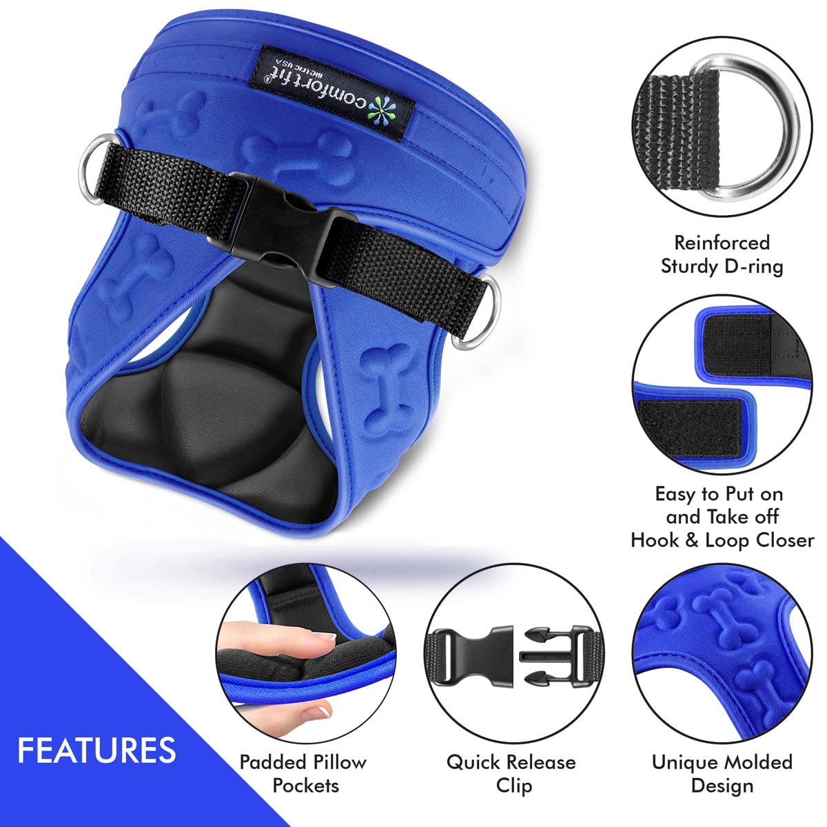 Cold Weather Dog Harness - Comfortable & Adjustable Harnesss For Dogs - Easy Walk Dog Harness (Blue, Chest Size 13' - 17')