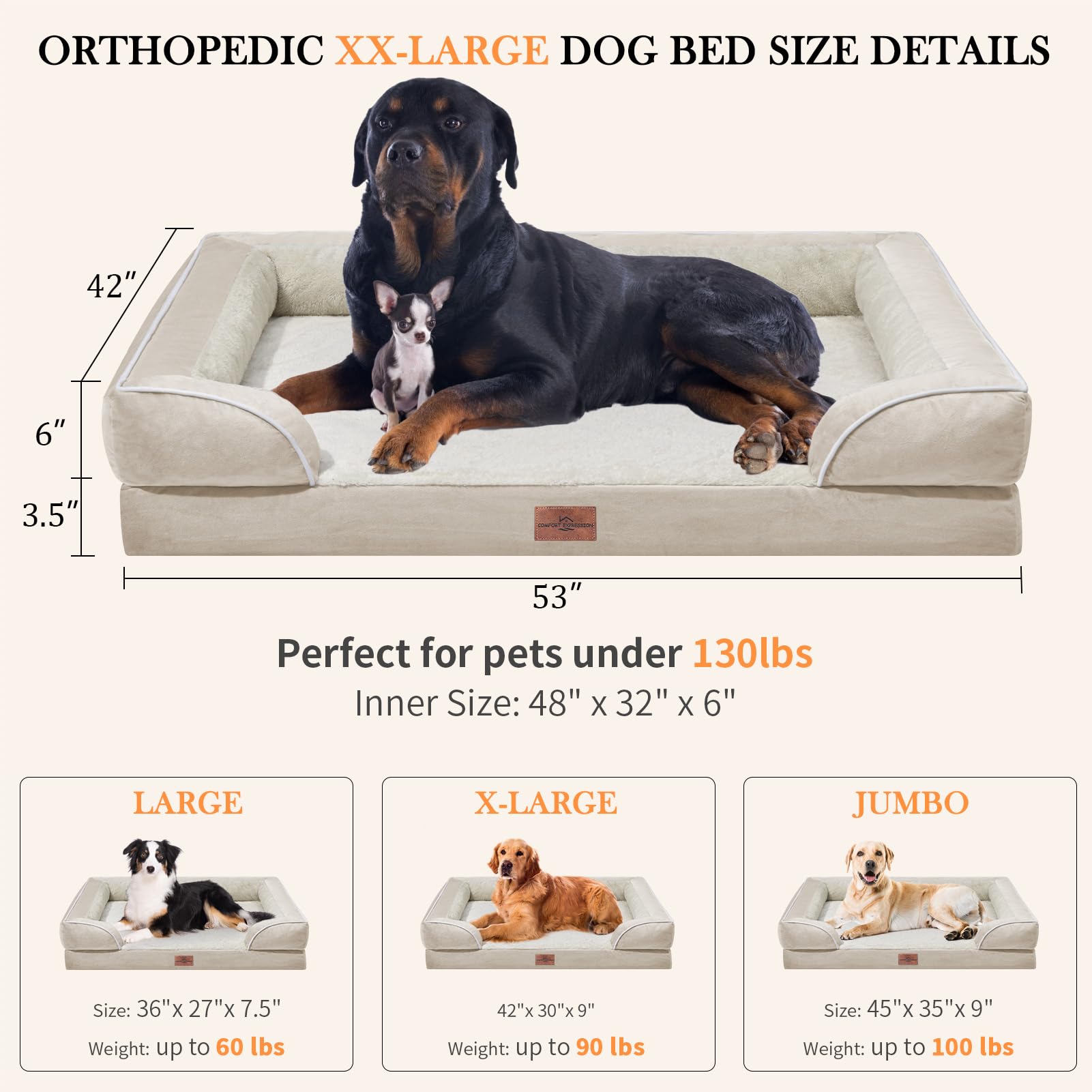 Comfort Expression Xxl Dog Bed Waterproof, Extra Large Dog Beds Orthopedic Foam, Washable Dog Sofa Bed Pet Bed With Removable Cover & Non-Slip Bottom(Xx-Large,Beige)