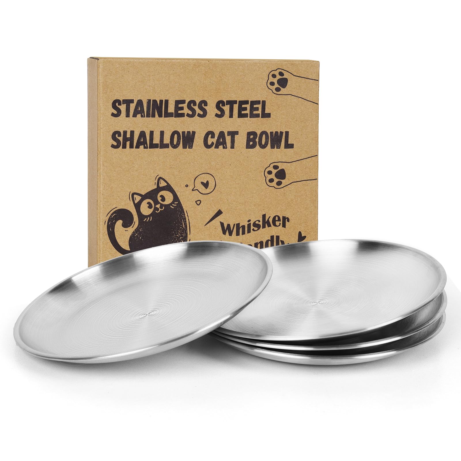 4-Pack Stainless Steel Cat Food Bowls - 6.7  Shallow, Whisker-Friendly Non-Slip Silicone Base,Easy to Clean Indoor Feeding Dishe