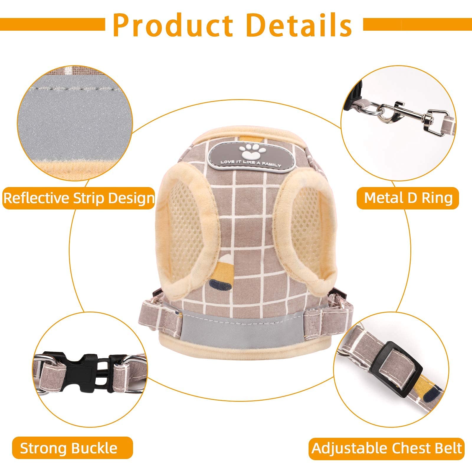 Cat Vest Harness And Small Dog Vest Harness For Walking, All Weather Mesh Harness, Cat Vest Harness With Reflective Strap, Step In Adjustable Harness For Small Cats (Khaki-Pattern, Xs)