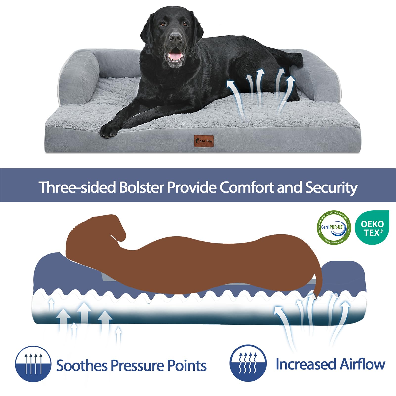 Casa Paw Orthopedic Dog Beds for Extra Large Dogs, Waterproof XLarge, Memory Foam Couch , Comfy Bolster Pet Bed with Removable W