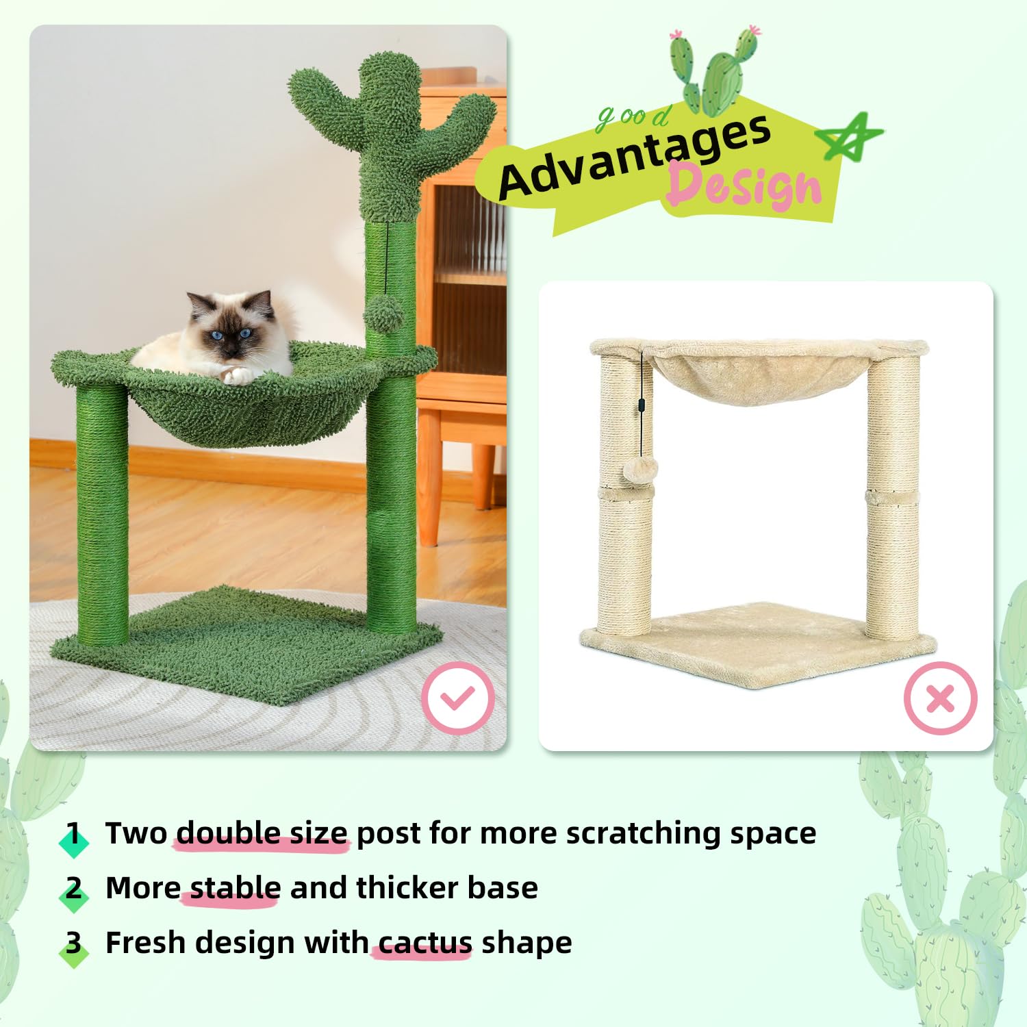 Pawz Road Cactus Cat Tree, 33 Inchs Cat Tower With Large Soft Hammock And Fully Wrapped Sisal Scratching Post For Indoor Cats