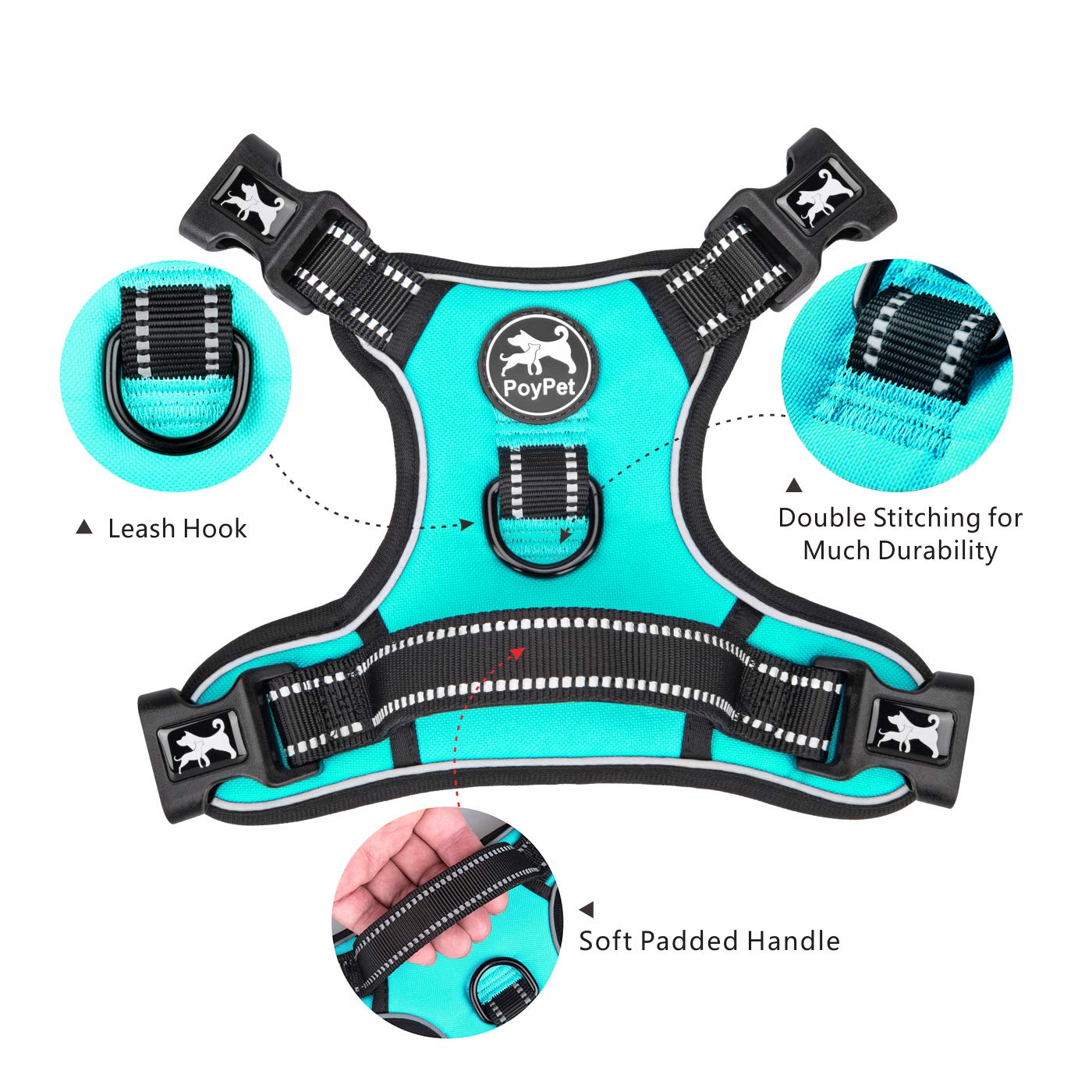 PoyPet No Pull Dog Harness - Reflective, 4 Snap Buckles, XL, Mint Blue, Wear-resistant Oxford, Model 132050
