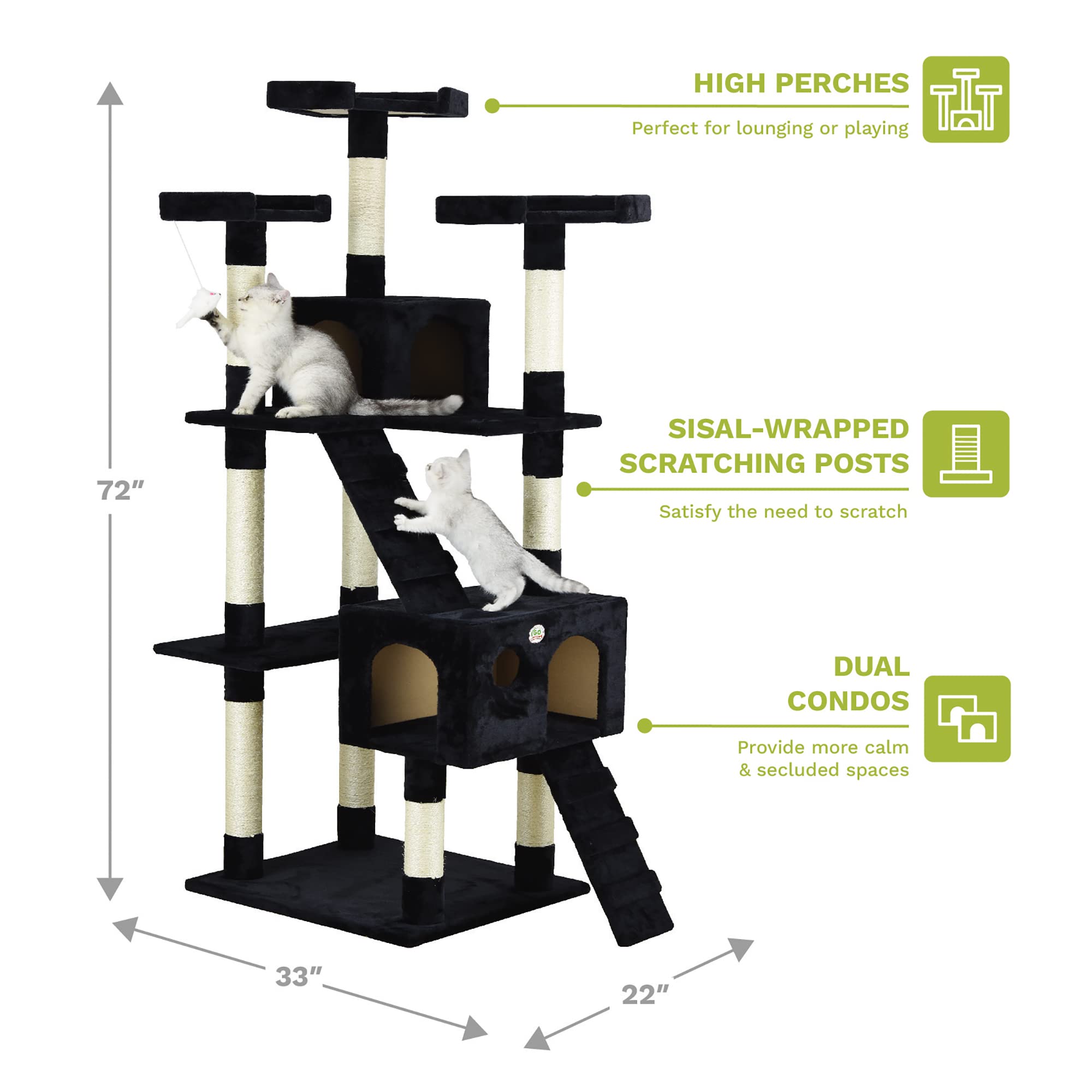 Go Pet Club 72'' Tall Cat Tree Tower With Cat Condos - Large Cat Tree - Cat Tower For Indoor Cats - Play Scratch Hide Climb Acti