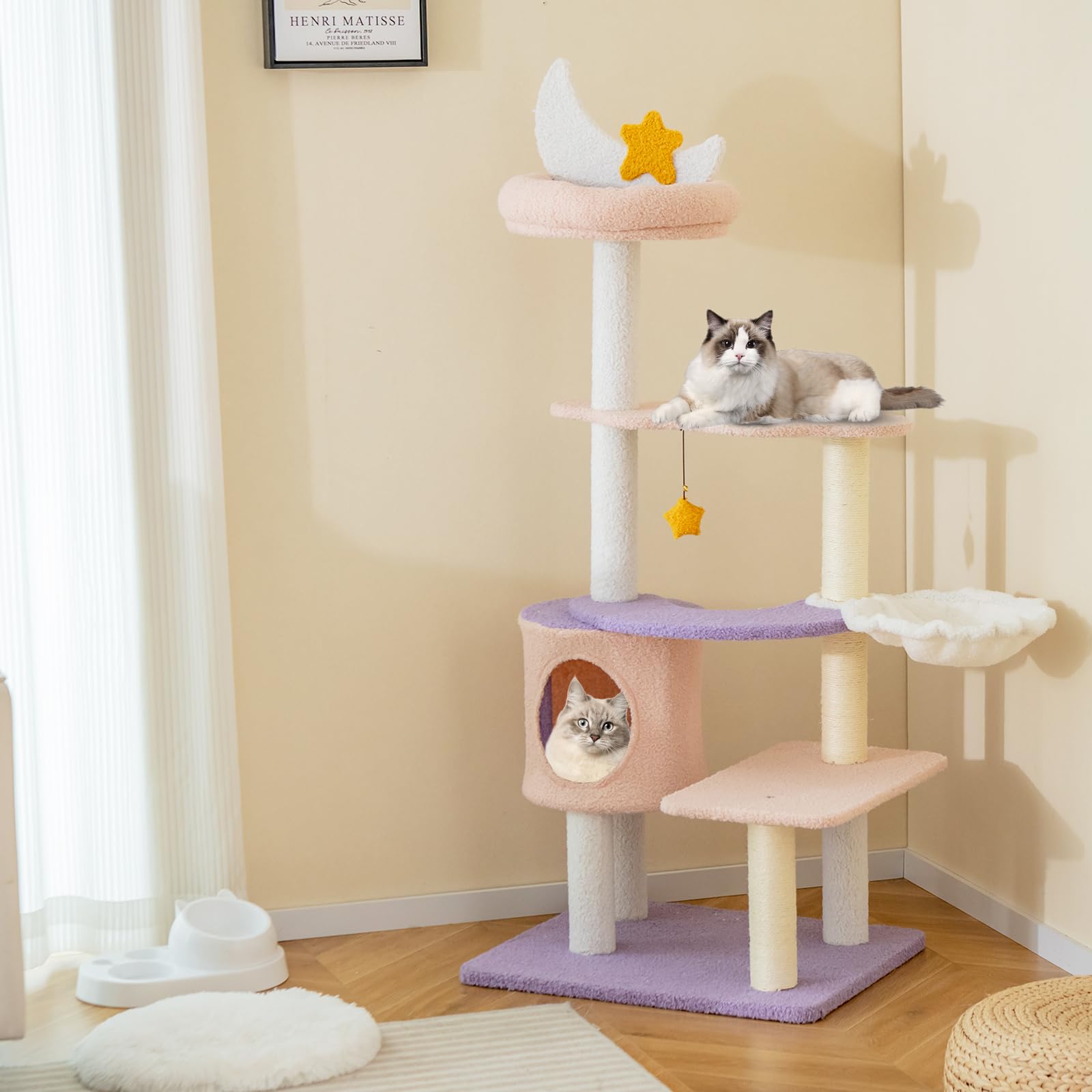 Tangkula Cat Tree Tower, 55 Inch Multi-Level Cat Tower With Cat Condo, Sisal Scratching Posts, Moon Star Plush Perch, Hammock, Cloud Platforms, Dangling Toys, Cute Purple Pink Cat Tree For Indoor Cats
