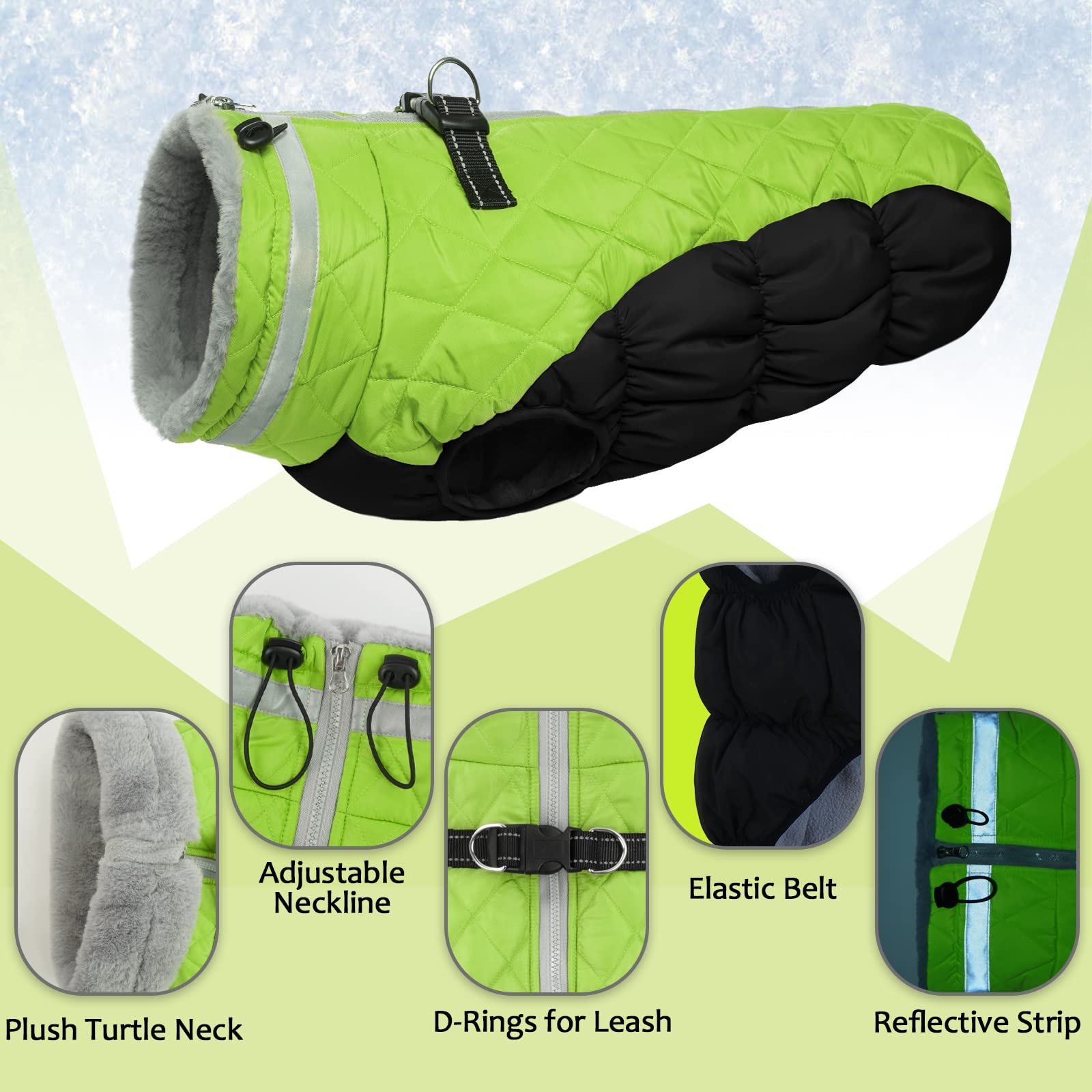 LeLePet Warm Fleece Dog Jacket, XX-Large, Lime, Adjustable, Reflective, Water-Resistant, Windproof for Small Medium Large Dogs