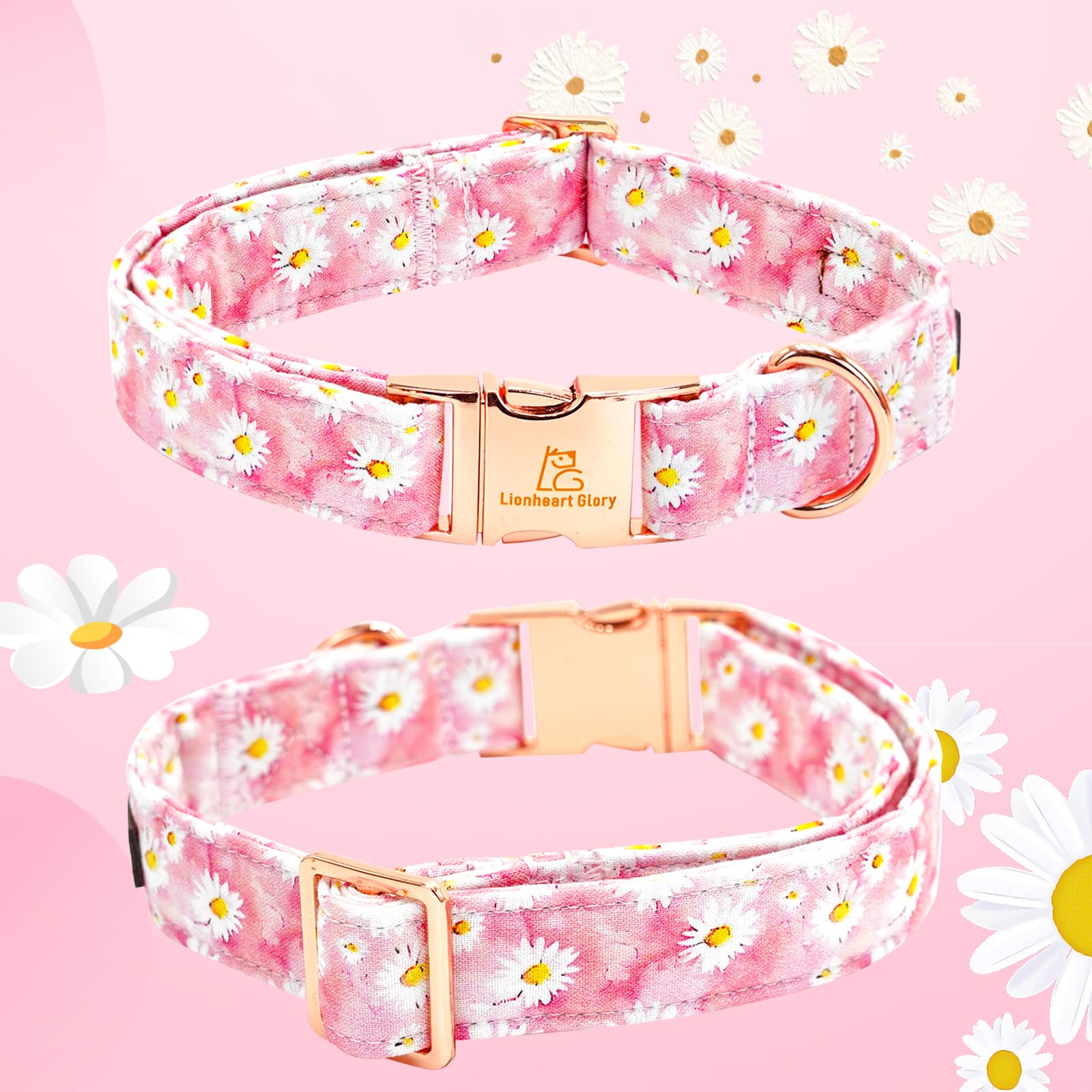Lionheart Glory Dog Collar With Flower Pink Floral Pattern Dog Collar For Small Dogs, Adjustable Soft Sturdy Girl Collars Flower