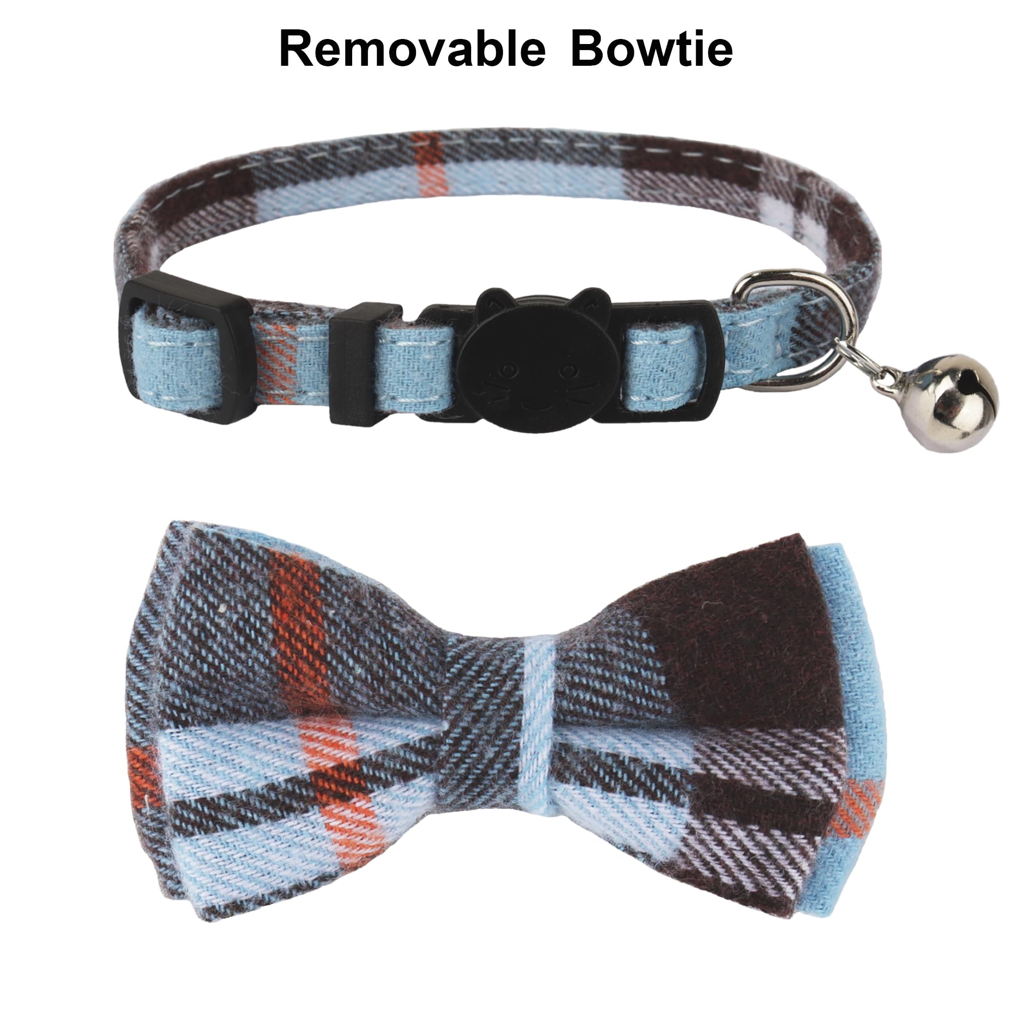 Adoggygo Plaid Cat Collars Breakaway With Bow Bell, Removable Bowtie, 2 Pack Beige Blue Plaid Kitten Bow Collar For Cats Kittens