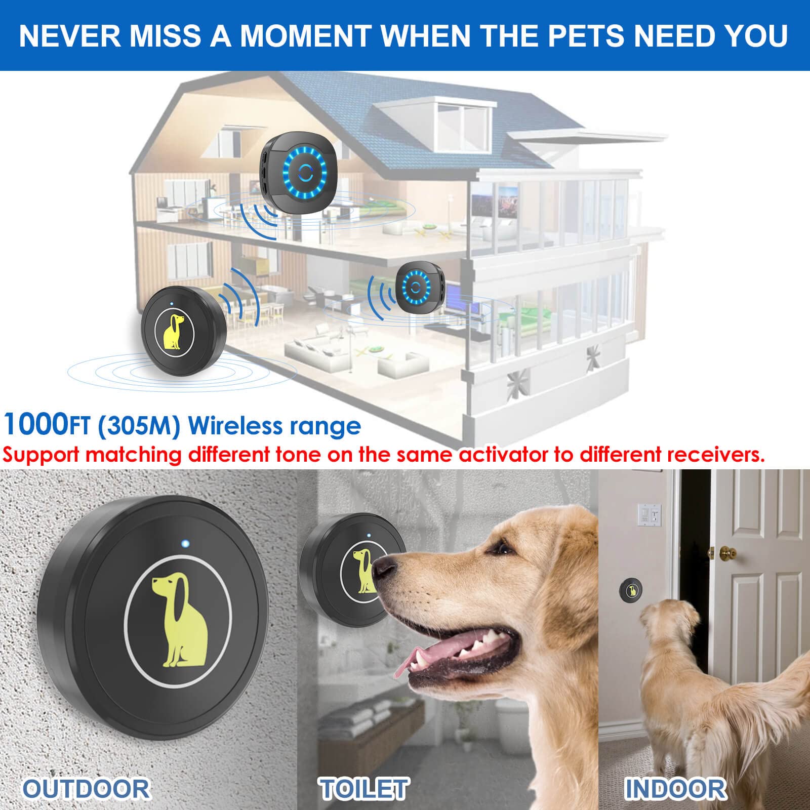 Lalolee Dog Bell for Door Potty Training - Waterproof Wireless Doorbell with 55 Melodies, 5 Volume Levels, 2 Receivers, Model DWDAT1-BLK-1