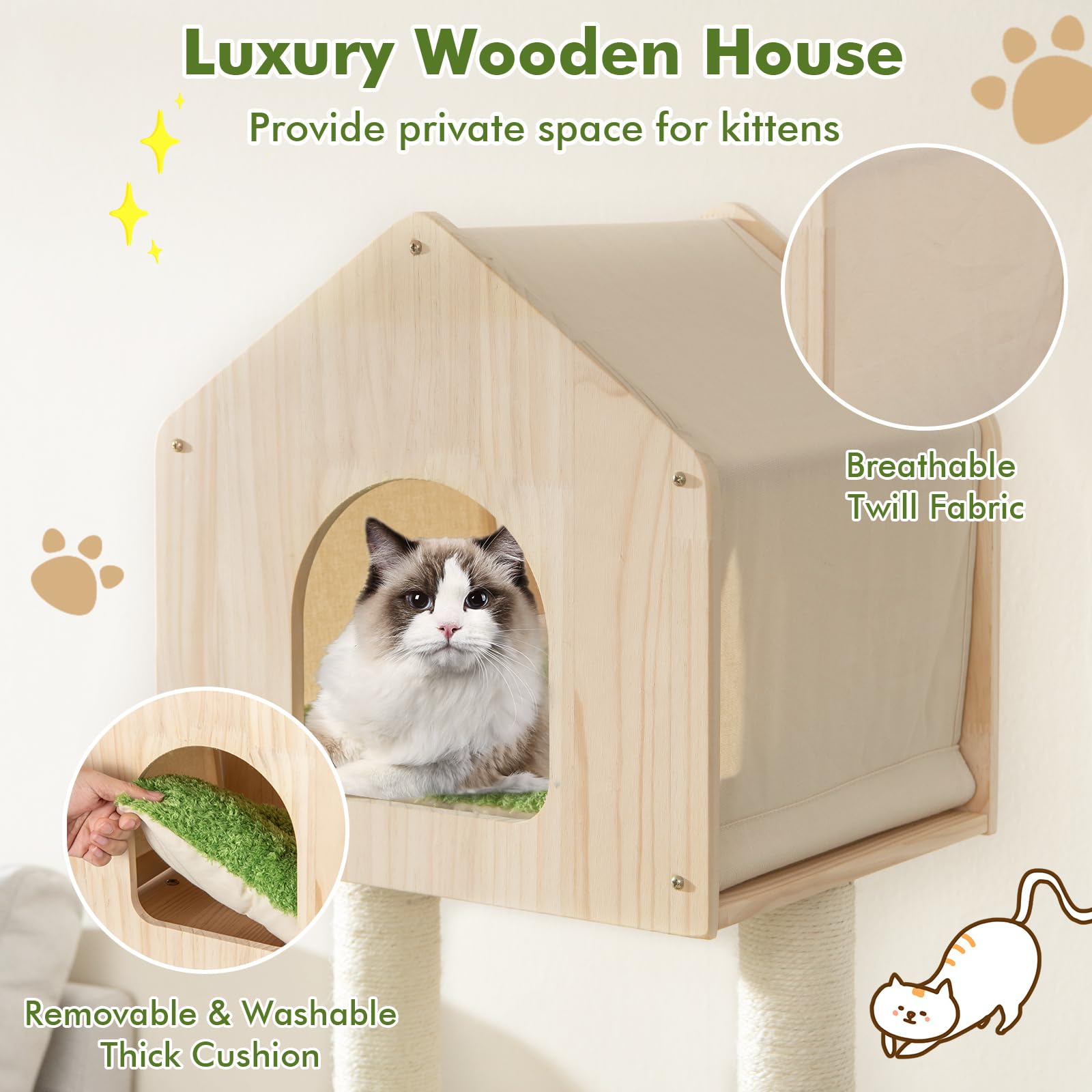 Tangkula Cat Tree Tower, Multi-Level Modern Wood Cat Tower With Sisal Scratching Posts, Jumping Platforms, Perch, Hammock, Cute Cat Condo, Tall Cat Tree For Indoor Cats Large Adult (55 Inch)