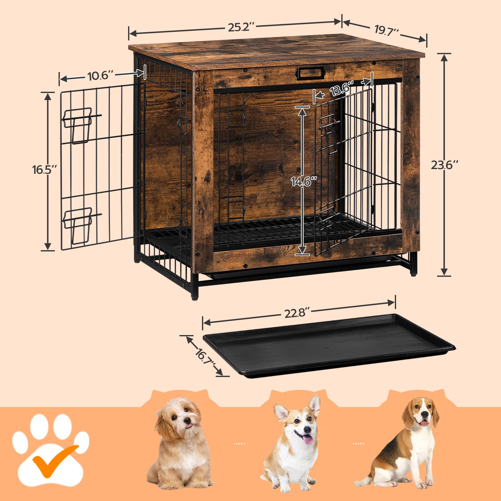 HOOBRO Decorative Dog Crate Furniture, Wooden Kennel with Pull-Out Tray, Rustic Brown, 25.2”L x 19.7”W x 23.6”H for