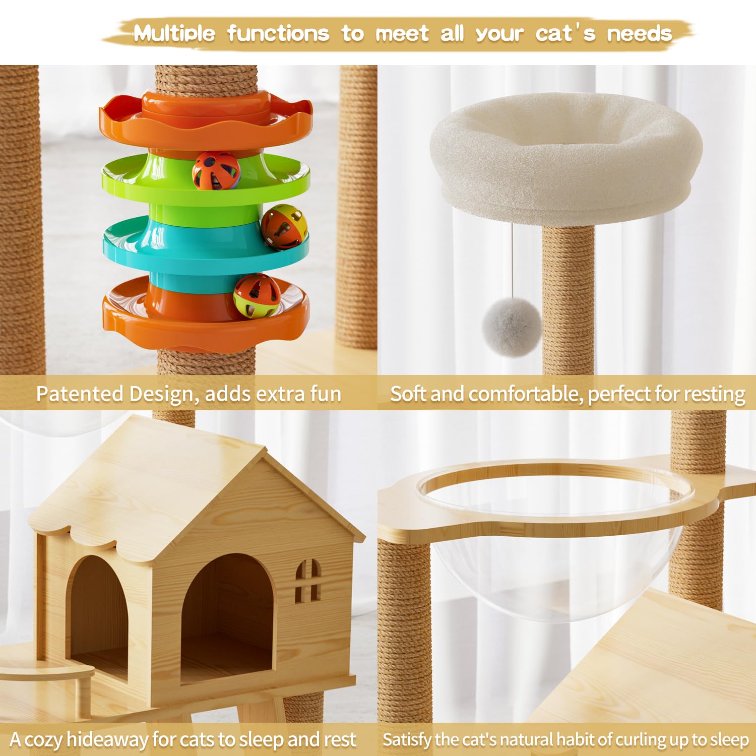 Elegaif Cat Tree Tower, 47.3" Wooden Cat Condo with Acrylic Hammock & Sisal Scratching Posts, Model Cat tree-B66