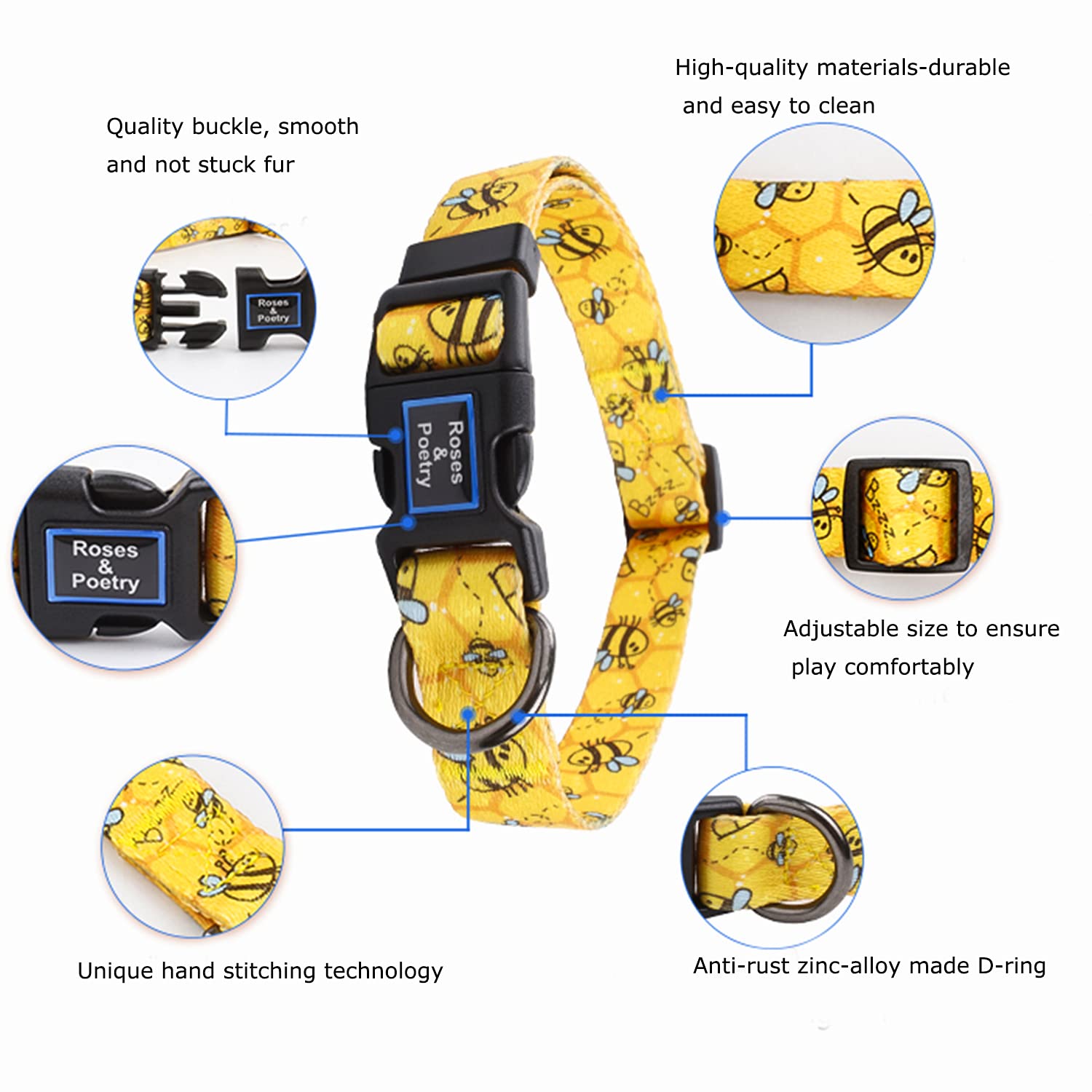 Roses&Poetry Dog Collar With Colourful Bee Patterns, Adjustable Durable Puppy Collars For Small Medium Large Dogs (Bee-Xs)