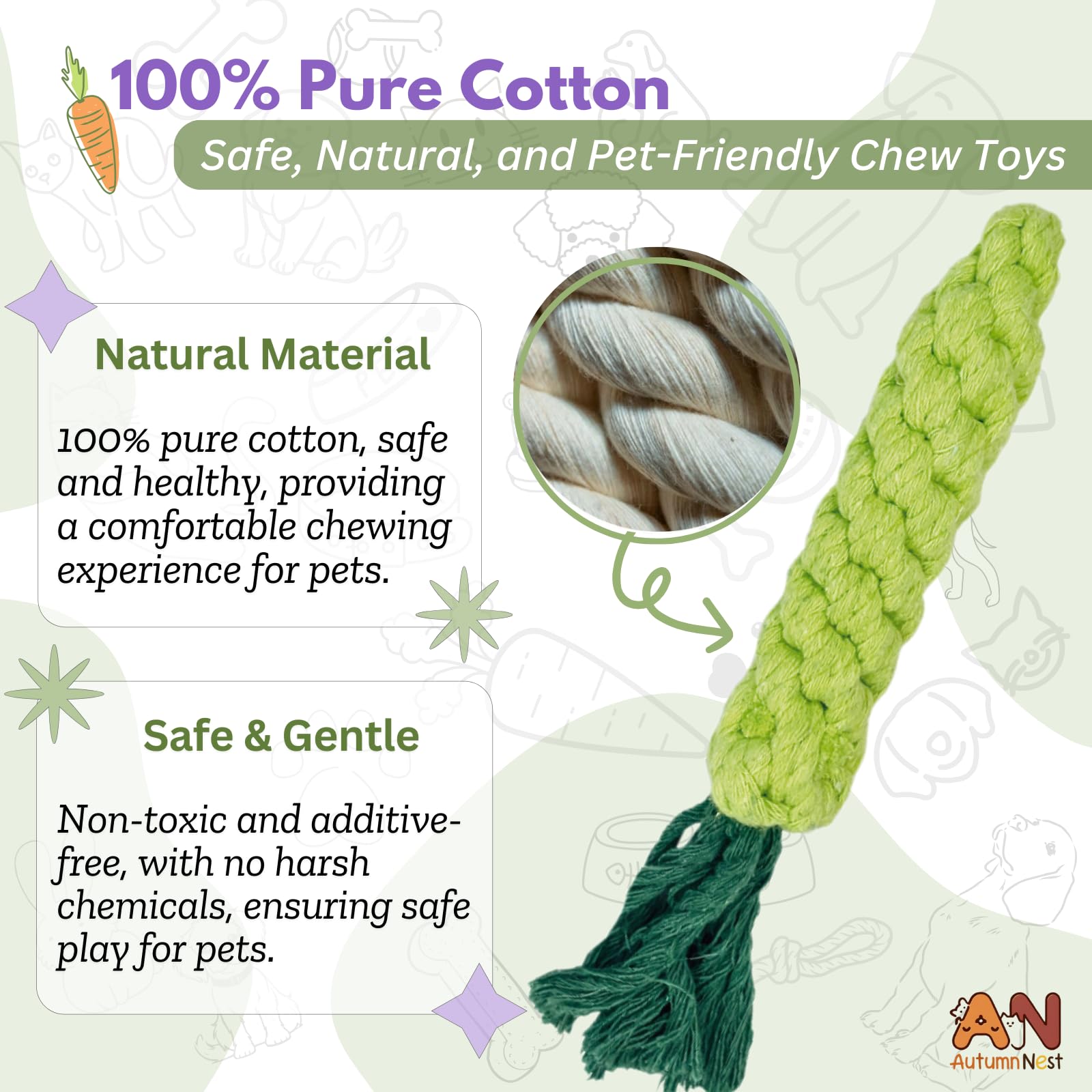 Autumnnest 3Pcs Green Woven Pet Chew Set, Dog Chew Accessories, Cat Interactive Chews, Safe & Durable Braided Chews For Dogs, Ca