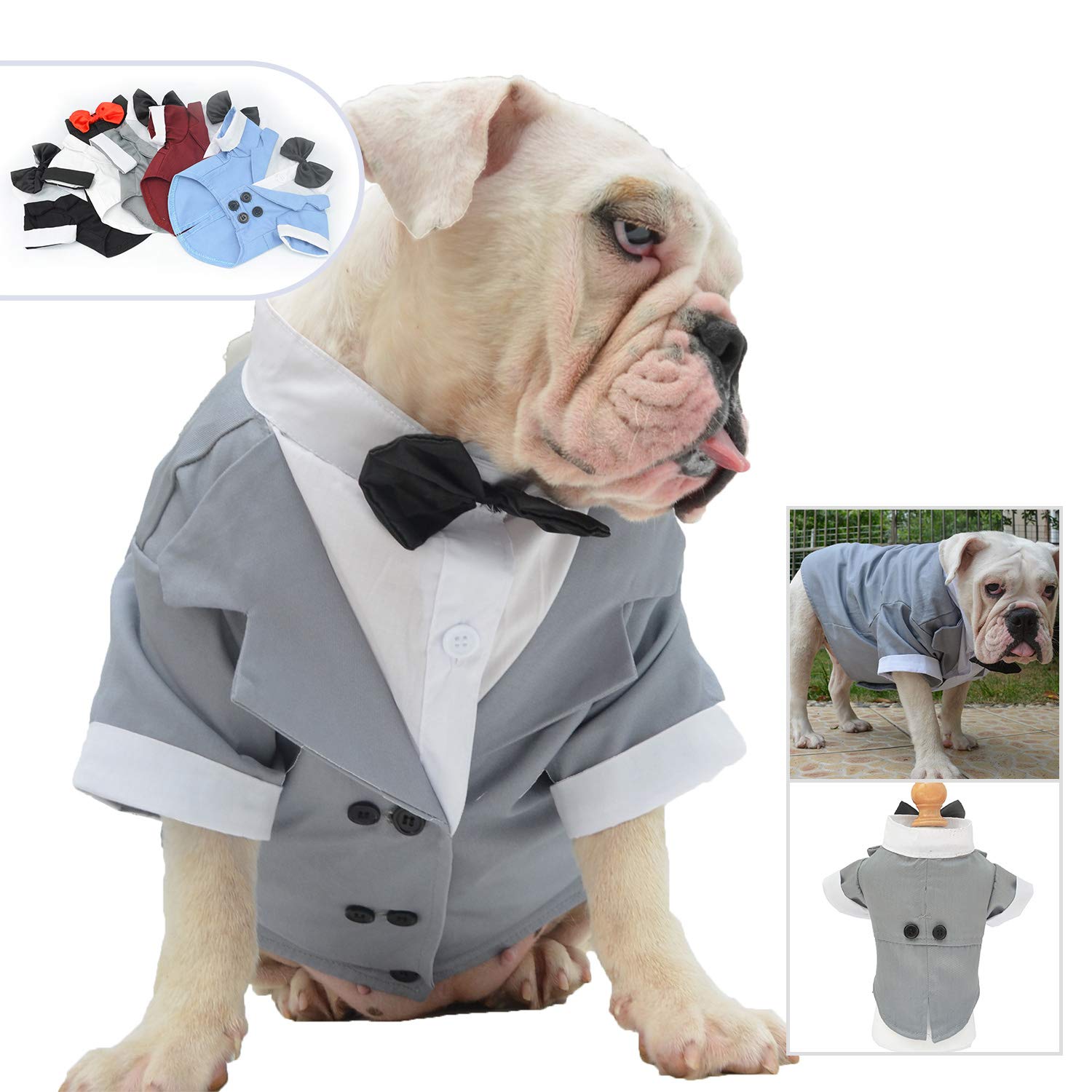 Lovelonglong Bulldog Costume Dog Suit Formal Tuxedo With Black Bow Tie Wedding Clothes For Pugs/French Bulldog/English Bulldog/American Pit Bull Gray B-L