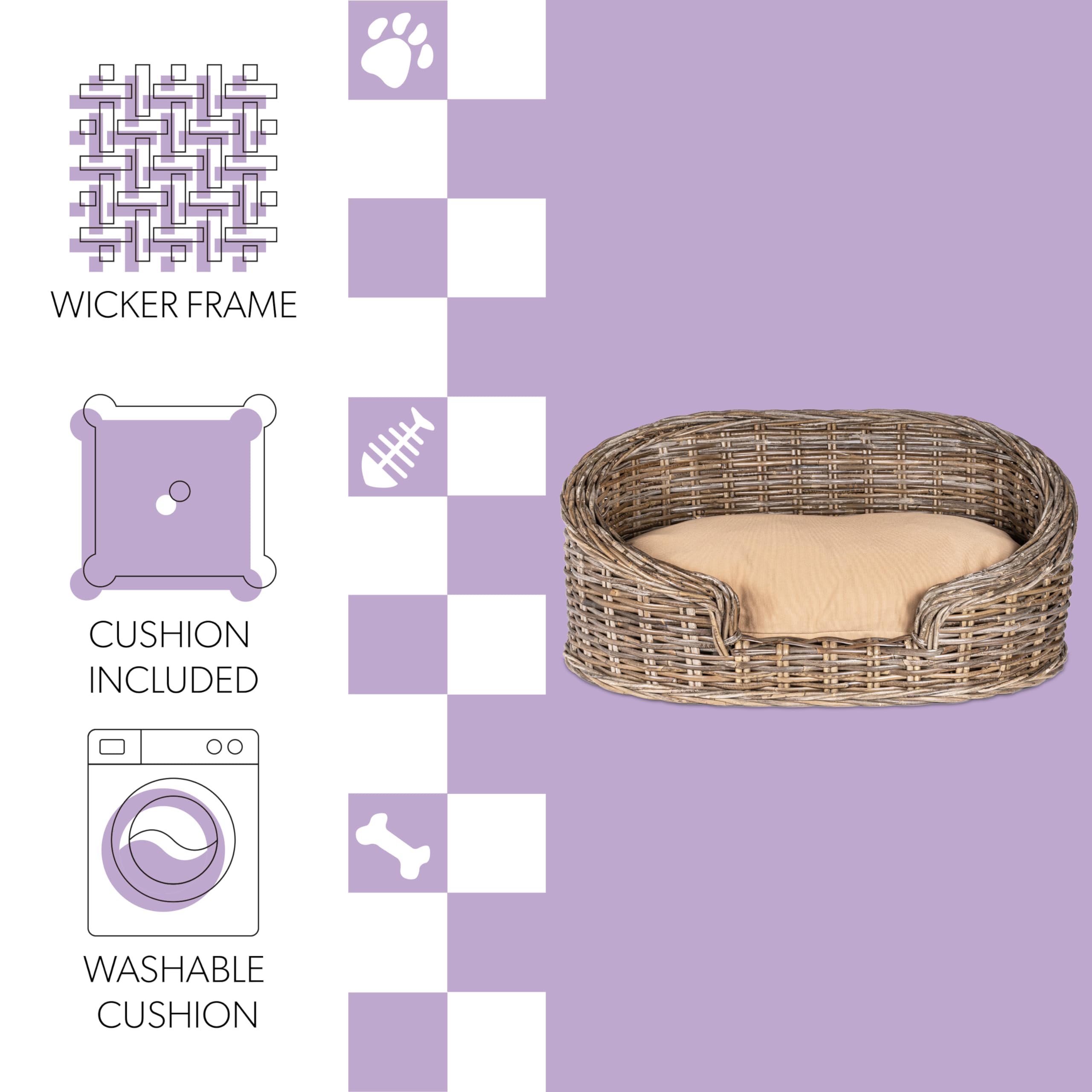 The LICKER Store DBD1000A Curvy 28.5 x 17.25 Classic Handwoven Rattan Dog Bed with Machine-Washable Cushion, Kubu Gray