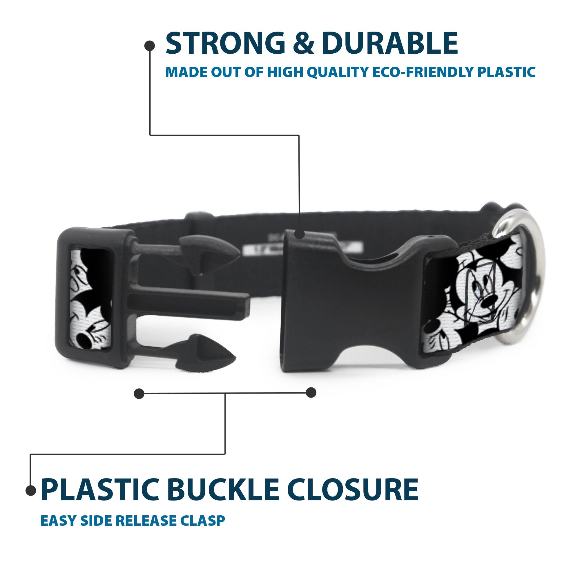 Buckle-Down Plastic Clip Collar - Mickey Mouse Expressions Stacked White/Black - 1.5 Wide - Fits 18-32 Neck - Large