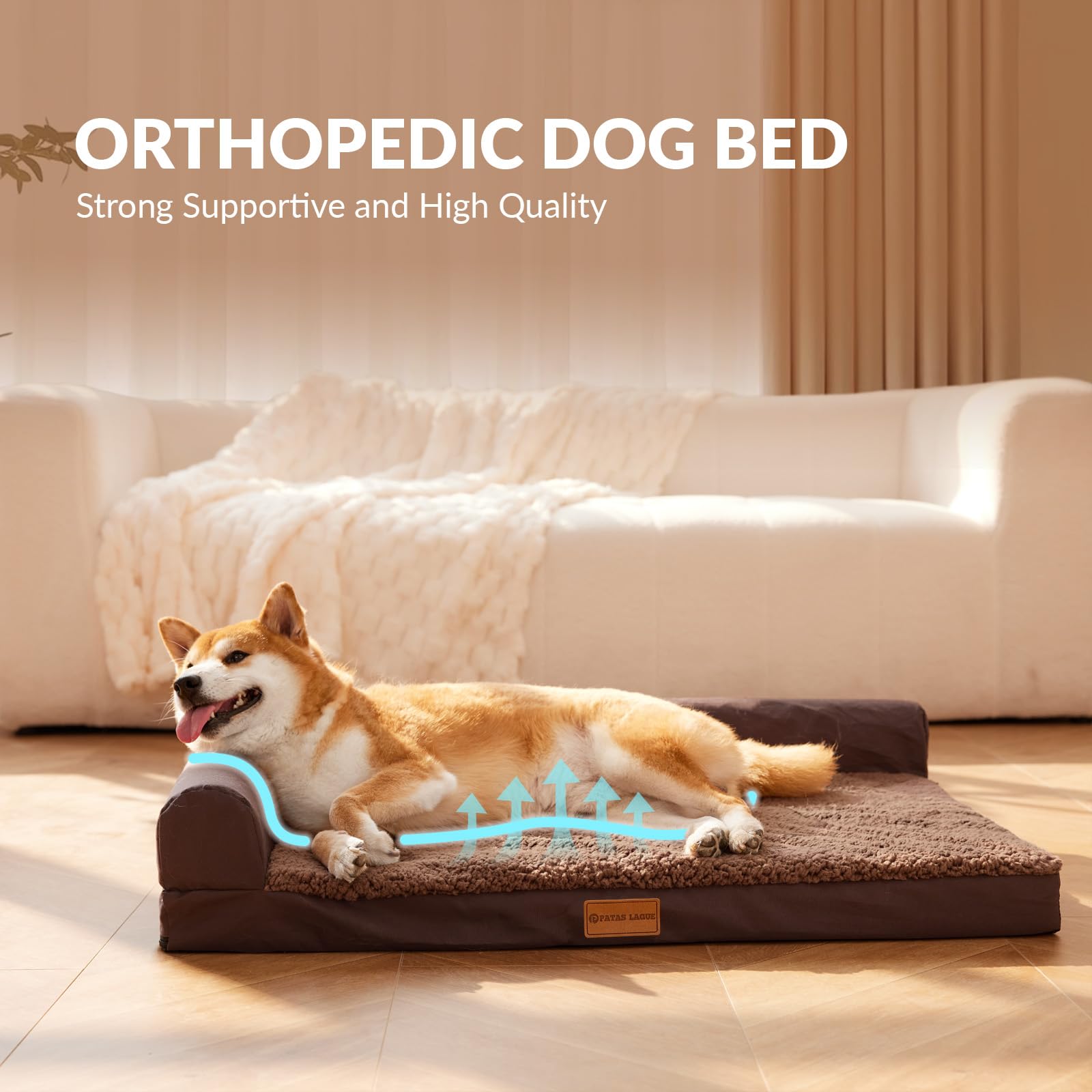 Patas Lague XL Orthopedic Dog Bed 42''x28'', Waterproof, Soft Brown Sofa with Washable Cover