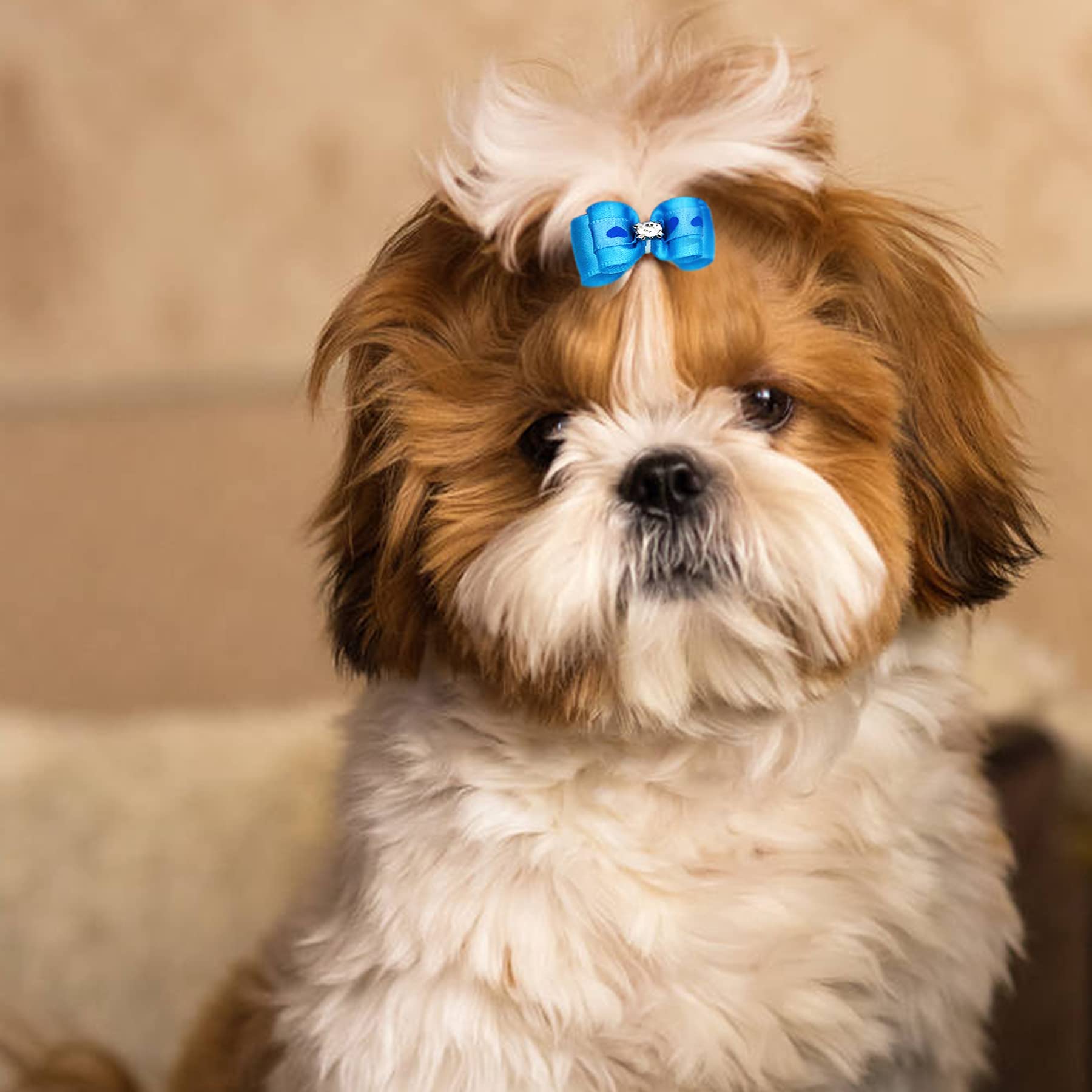 JpGdn 50pcs /25Pair Small Dog Hair Bows with Rubber Bands and Rhinestones Puppy Grooming Bows Doggies Cat Topknot Bowknot Pet Hair Accessories Color Random -Like New
