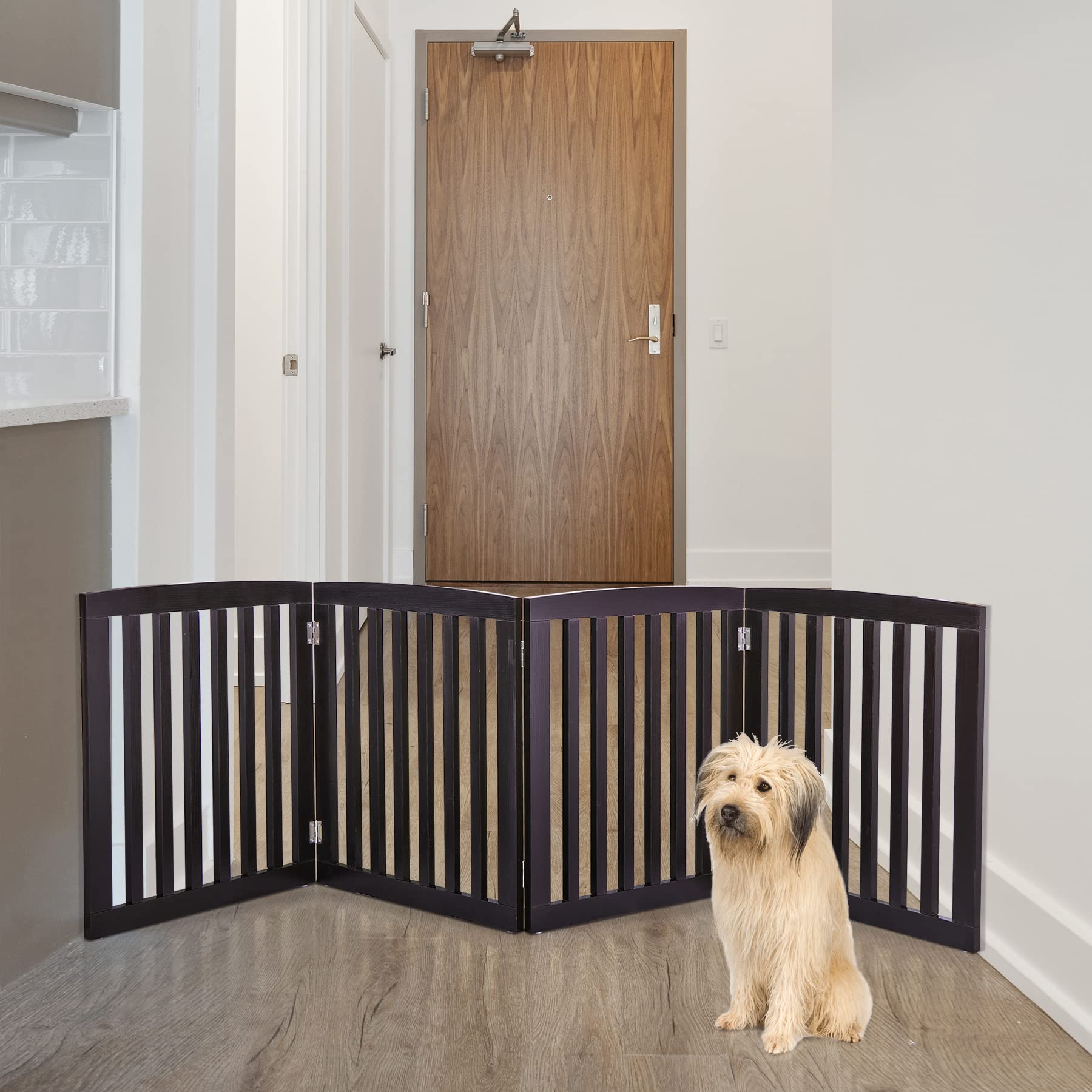 Epetlover Extra Wide Dog Gate 24 Inch High Freestanding Indoor Pet Door For House Doorways Stairs Halls, Foldable Wood Outdoor Safety Fence 4 Panels, Coffee