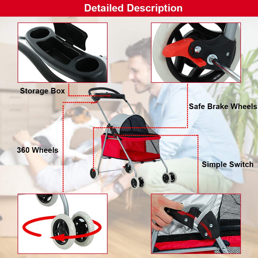 BestPet Pet Stroller 4 Wheels Posh Folding Waterproof Portable Travel Cat Dog Stroller with Cup Holder (Red)