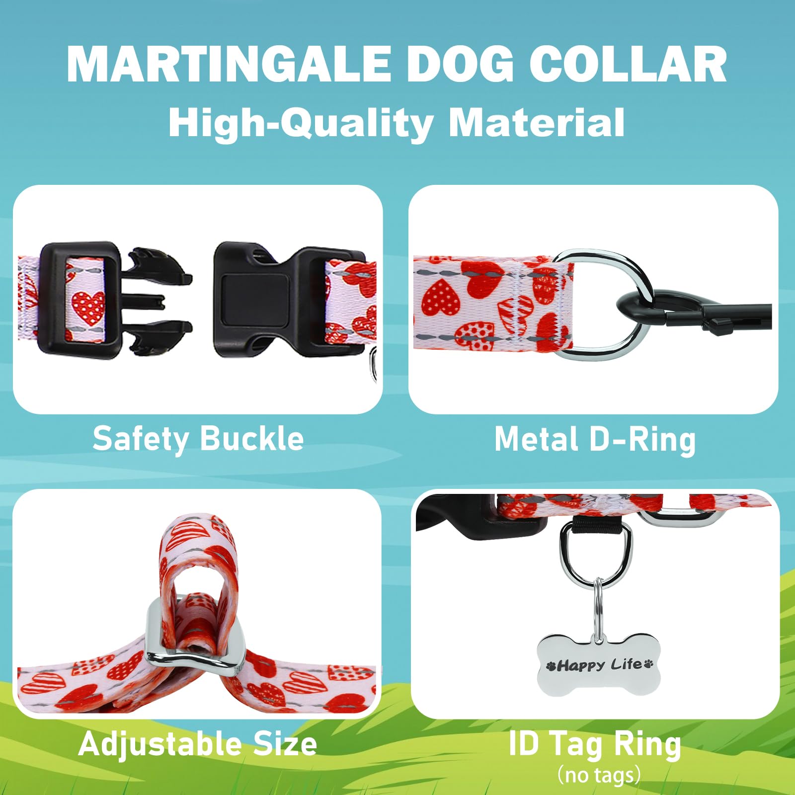 Fidohug Valentines Reflective Martingale Collar For Dogs With Quick Release Buckle Cute Girl No Pull Dog Collars (Red Heart, Med