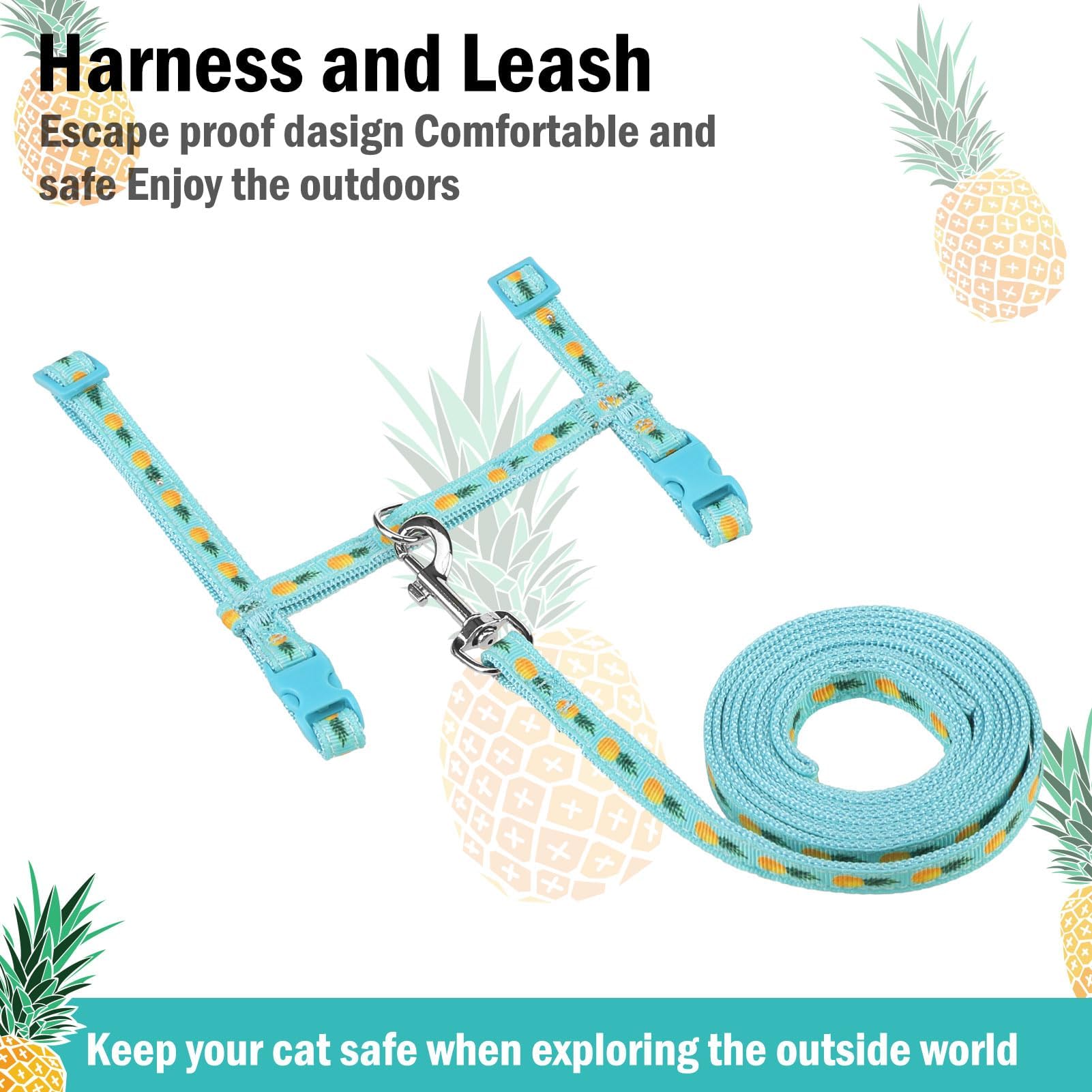 Pupteck Adjustable Cat Harness And Leash Set Escape Proof Kitten Strap Collar For Walking Travel, Pineapple