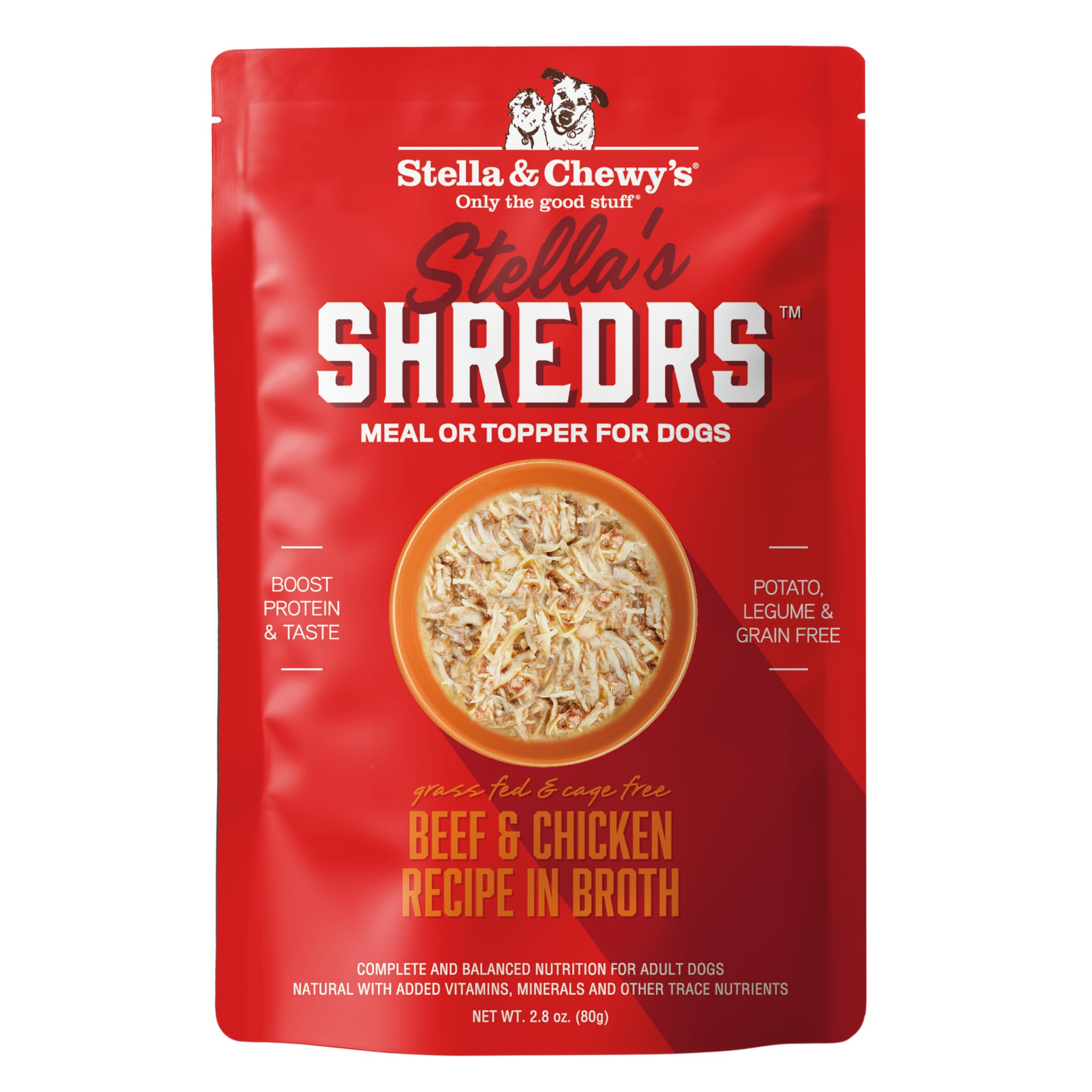 Stella & Chewys Stellas Shredrs Grass Fed & Cage Free Beef & Chicken Recipe in Broth, 2.8 oz. Pouches (Pack of 24)
