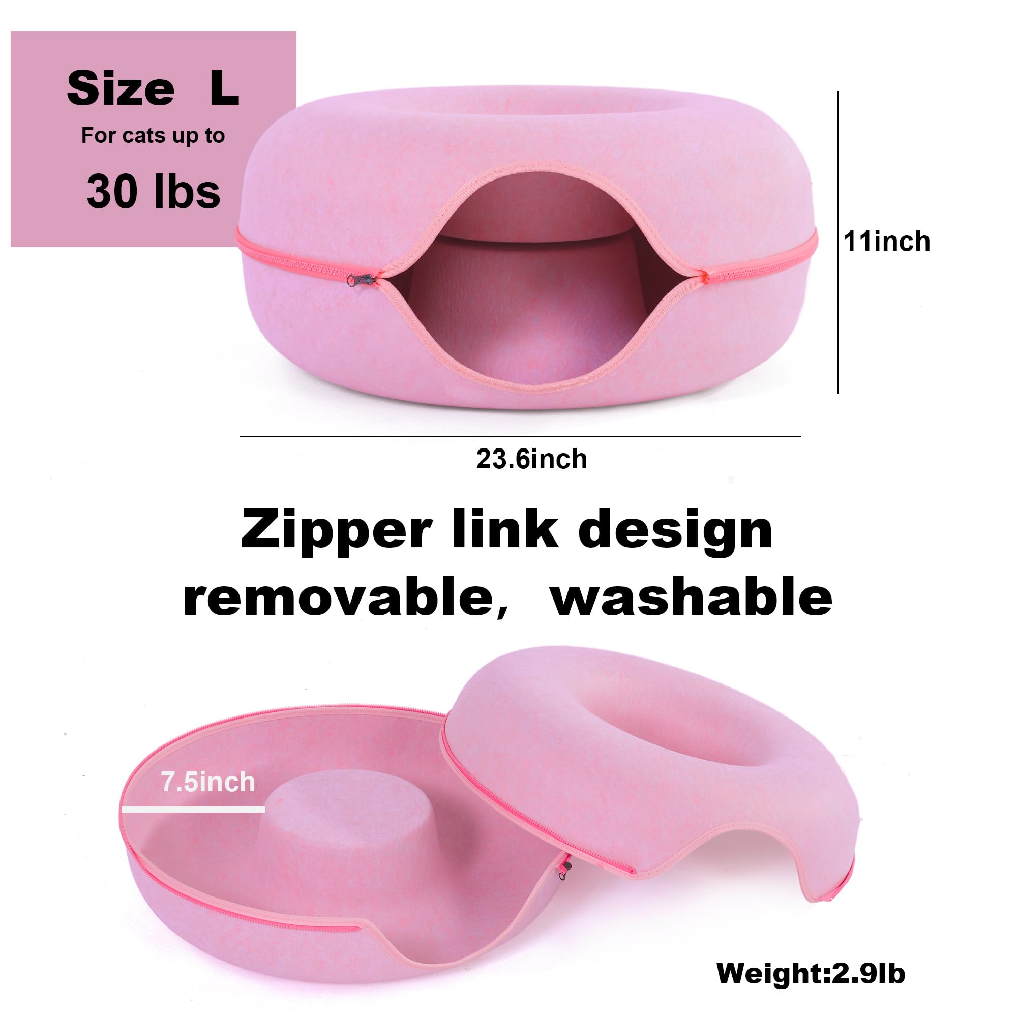Large Cat Tunnel Bed For Indoor Cats With 3 Toys, Scratch Resistant Donut Cat Bed, Up To 30 Lbs (L 24X24X11, Pink)