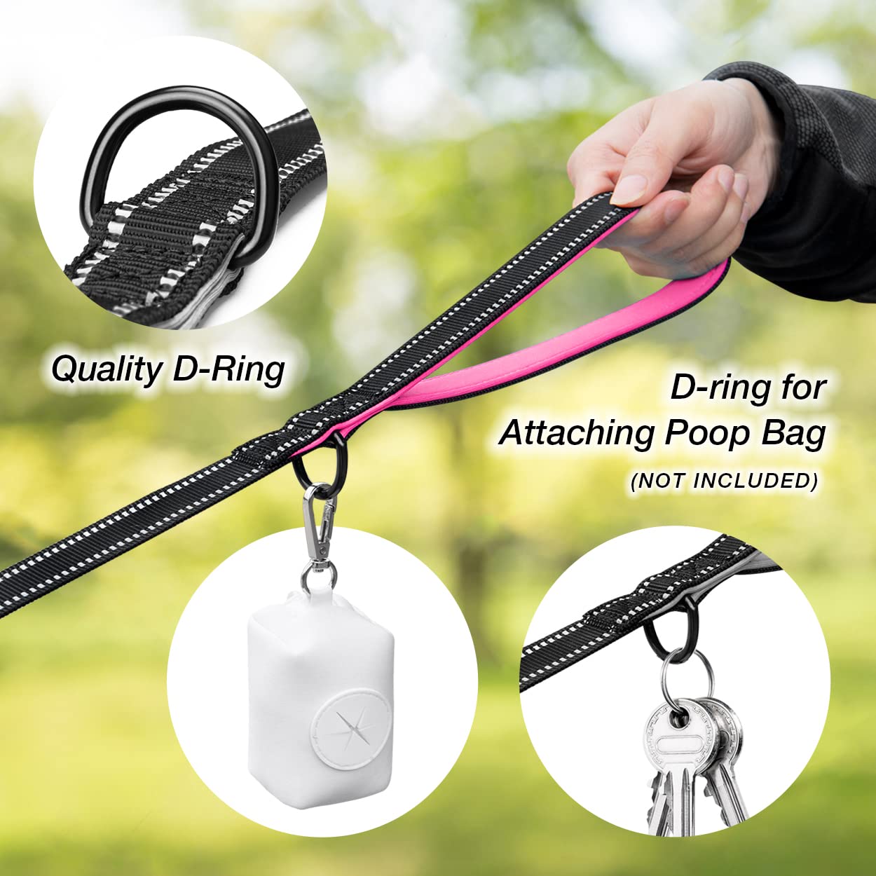 PHOEPET 5 Feet Heavy Duty Dog Leash - Reflective - Soft Padded Handle Traffic Grip for Extra Control (L,Pink)