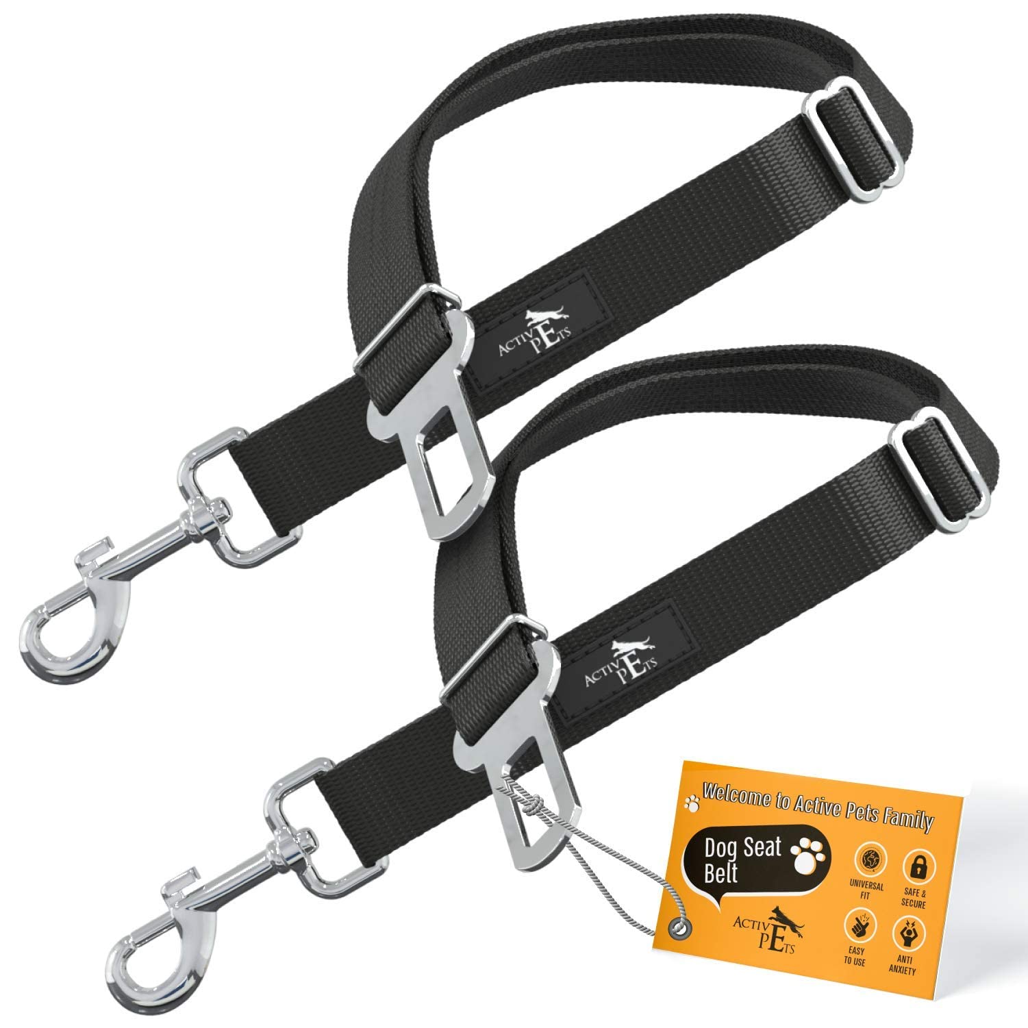 Active Pets Black Car Seat Belt for Dogs 2 Pack, Attaches to Harness & Collar, Adjusts 18 - 24 Safety & Comfort Travel Restraint