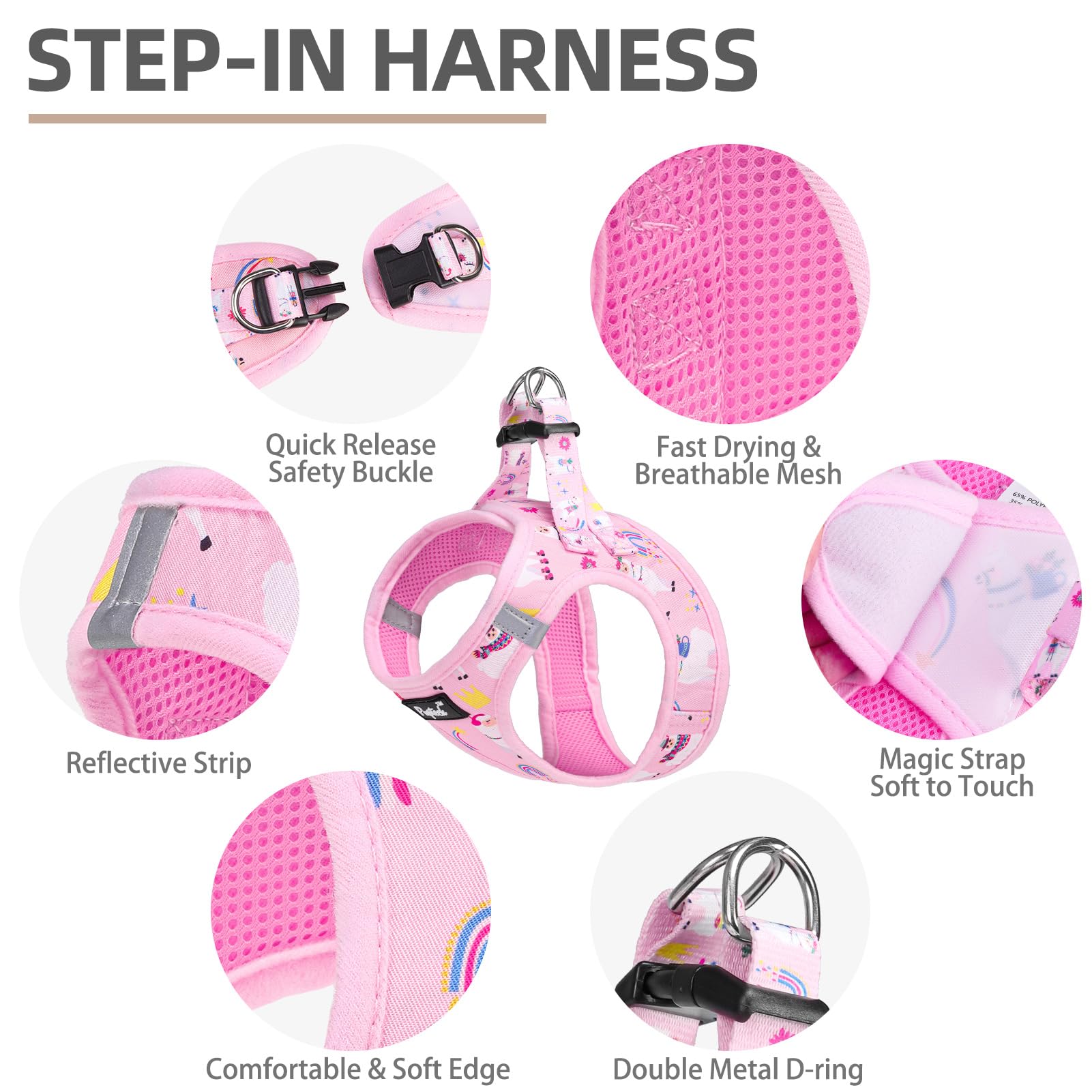 Pupteck Adjustable Dog Harness Collar And Leash Set, Step In No Pull Pet Harness For Small Medium Dogs Puppy Cats Outdoor Walking, Soft Mesh Padded Reflective Vest Harnesses, Light Pink Alpaca, M