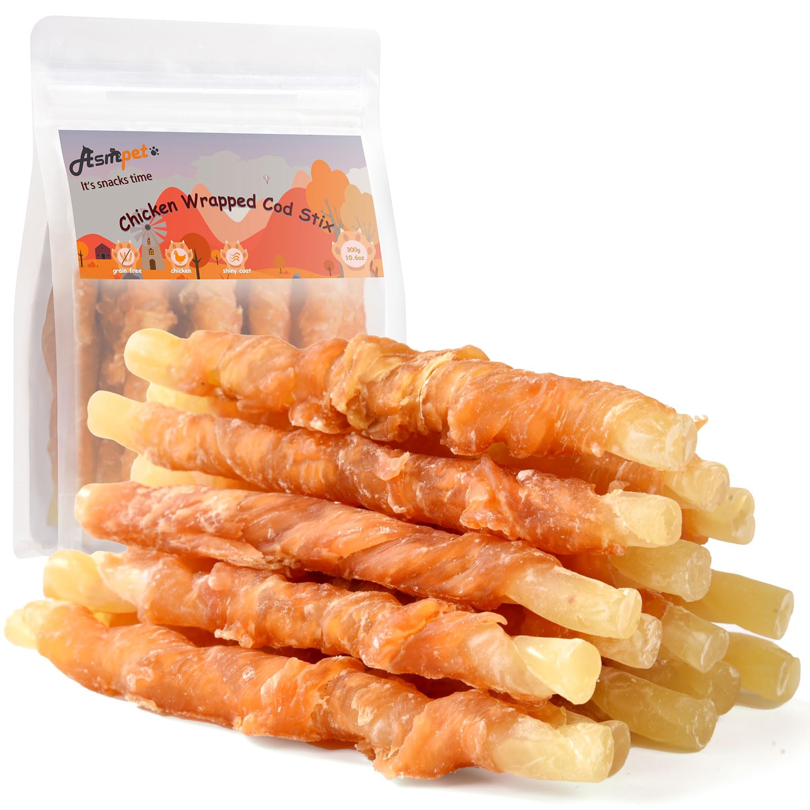 ASMPET Dog Treats Small Dogs, Chicken Wrapped Cod Fish Rich in Omega3 Rawhide-Free Grain-Free Natural Healthy for Medium Large D