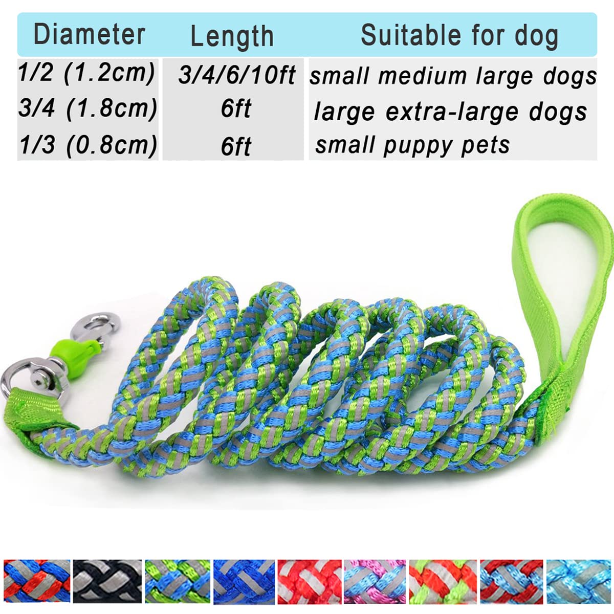 Mycicy 3/4/6/10 Ft Reflective Dog Leash, Nylon Rope Braided Heavy Duty Dog Training Leash For Large Medium Small Dogs Walking Lead (Green 6Ft)