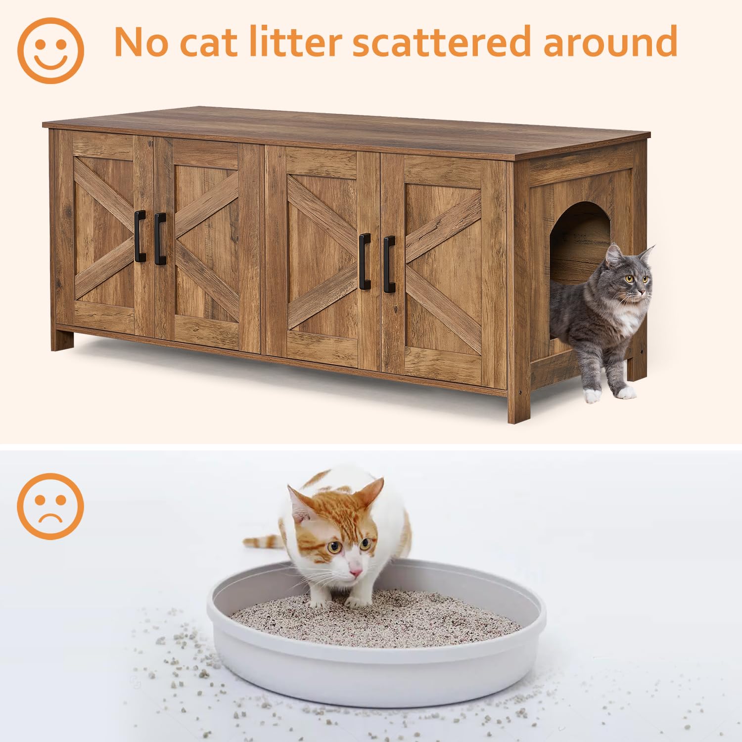 Homhedy Cat Litter Box Enclosure, Wooden Pet Washroom for 2 Cats, 47.2”L x 19.7”W x 19.7”H, Rustic