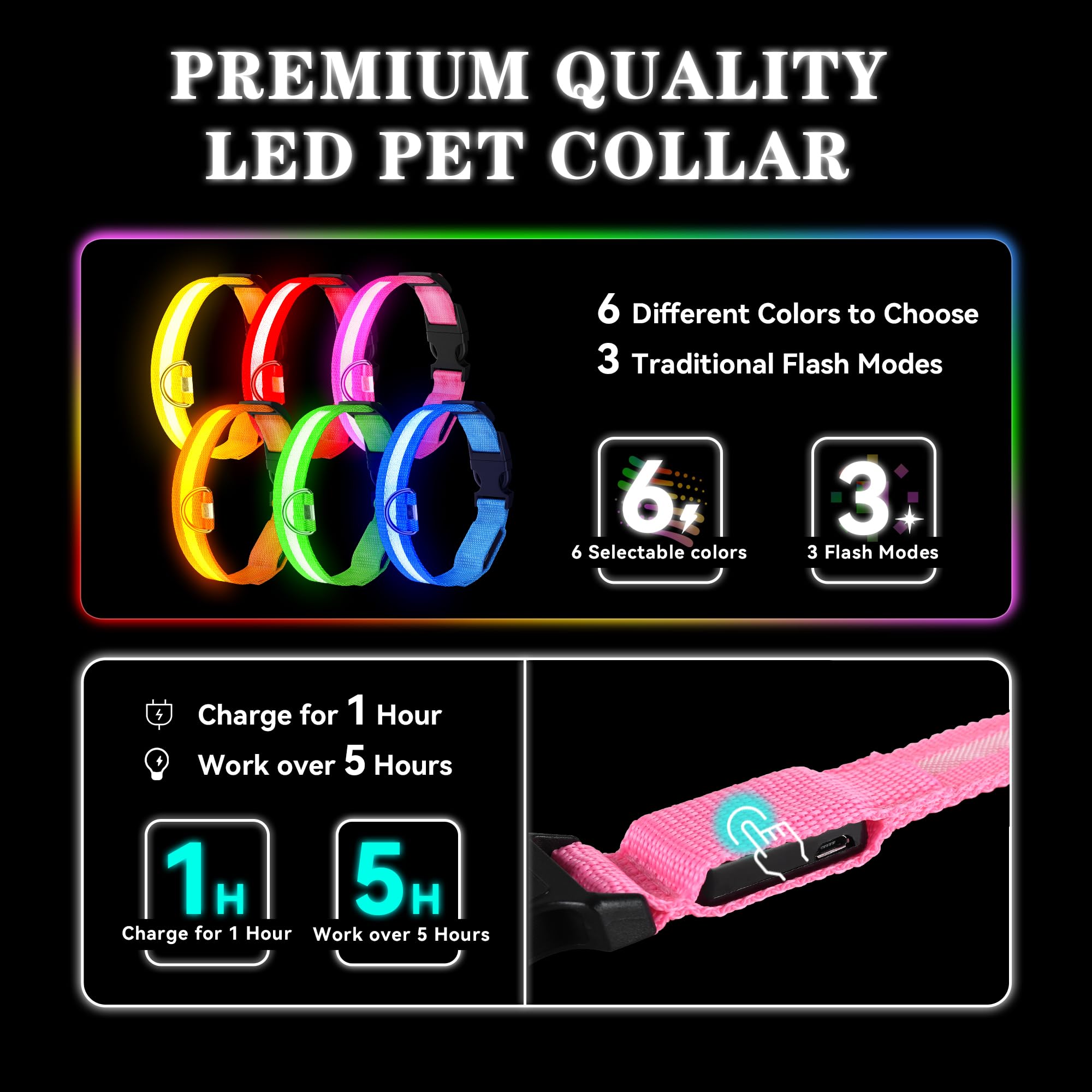 Light Up Dog Collar Rechargeable, Led Dog Collar Waterproof, Glow In Dark Dog Collar, Lighted Dog Collars For Night Walking Char