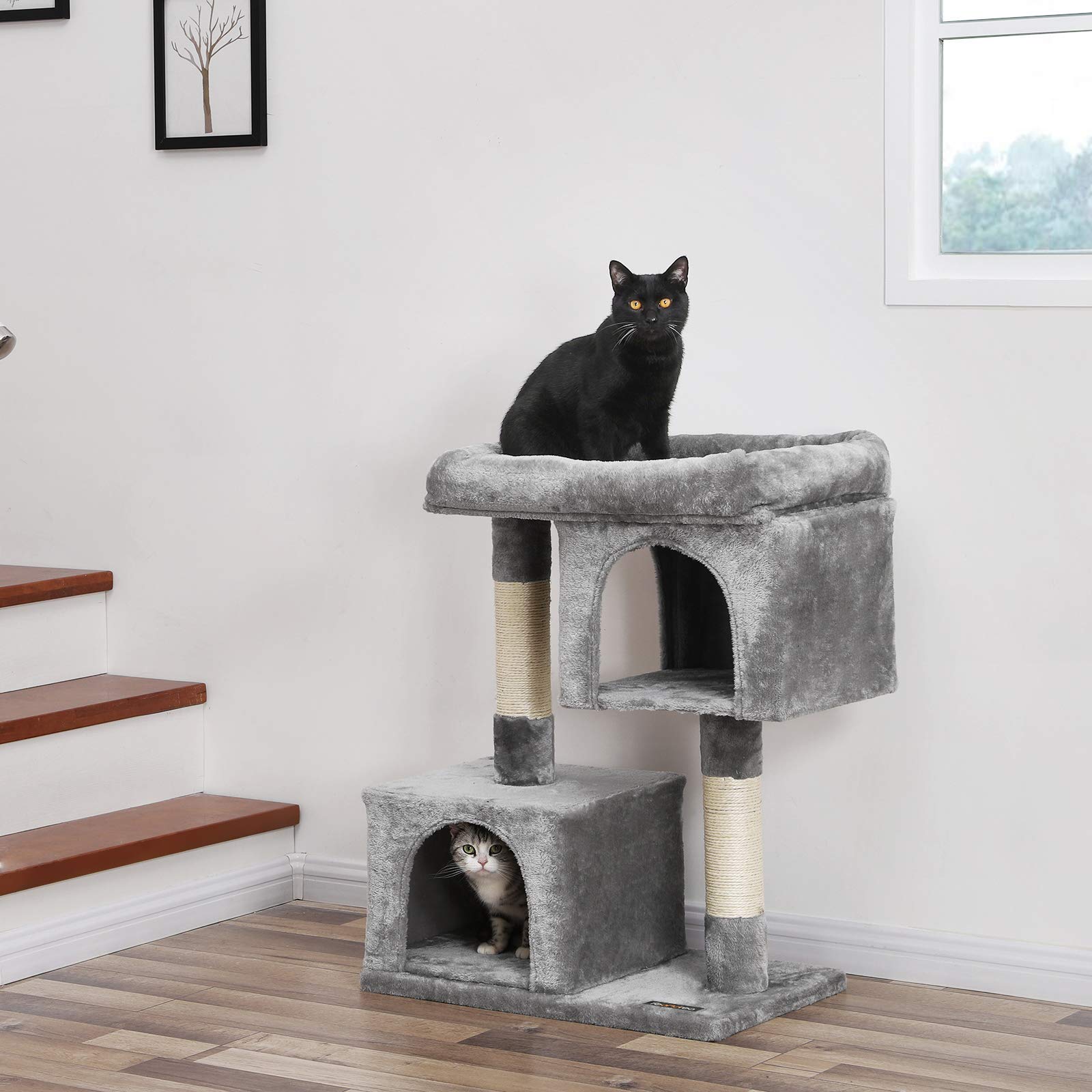 Feandrea Cat Tree, 33.1-Inch Cat Tower, Large for Cats up to 16 lb, Light Gray, 2 Cat Caves, Scratching Post, Model UPCT61