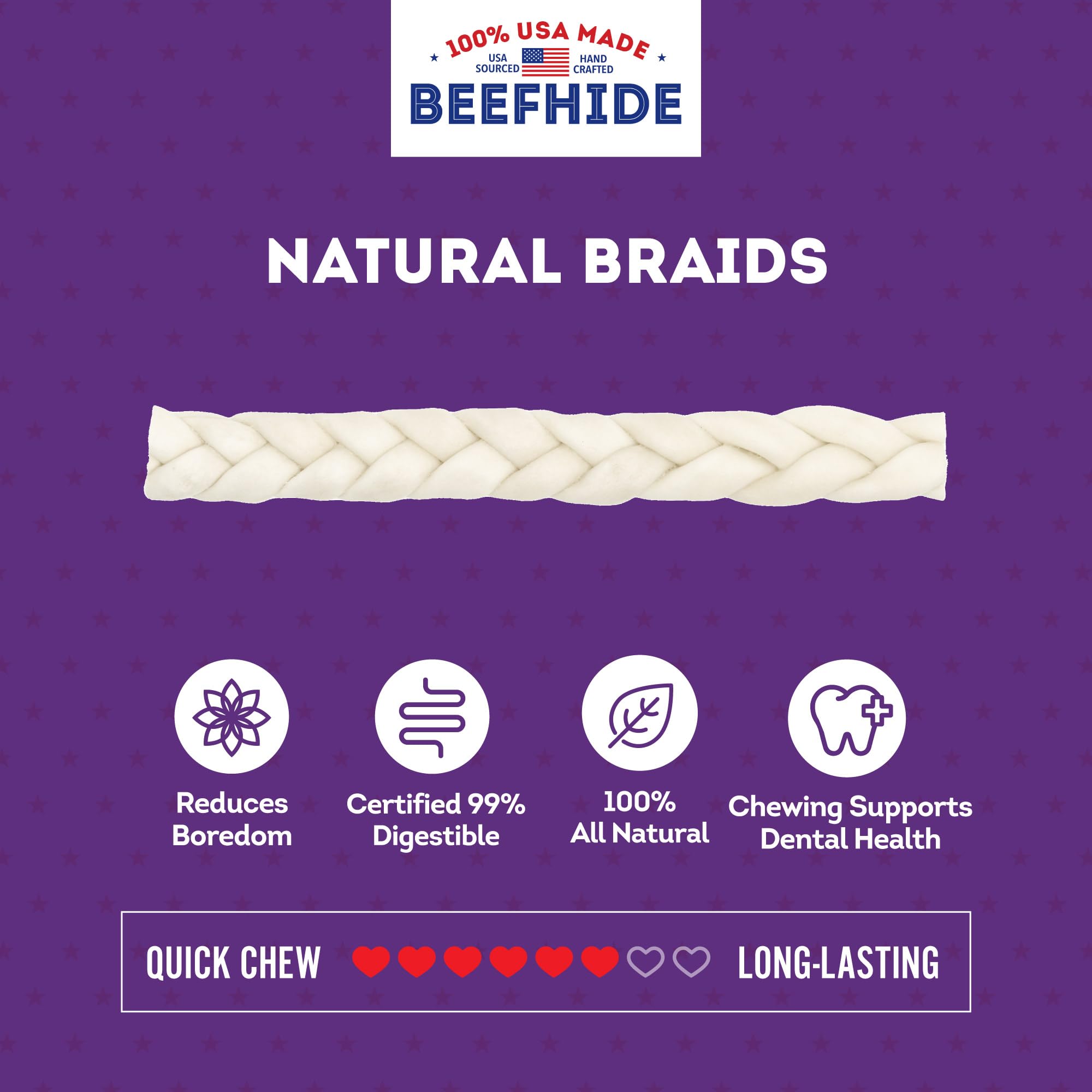 Treatly USA Beefhide Braids 12-13 Dog Chew Treats - Natural Flavor, 2 Count/1 Pack