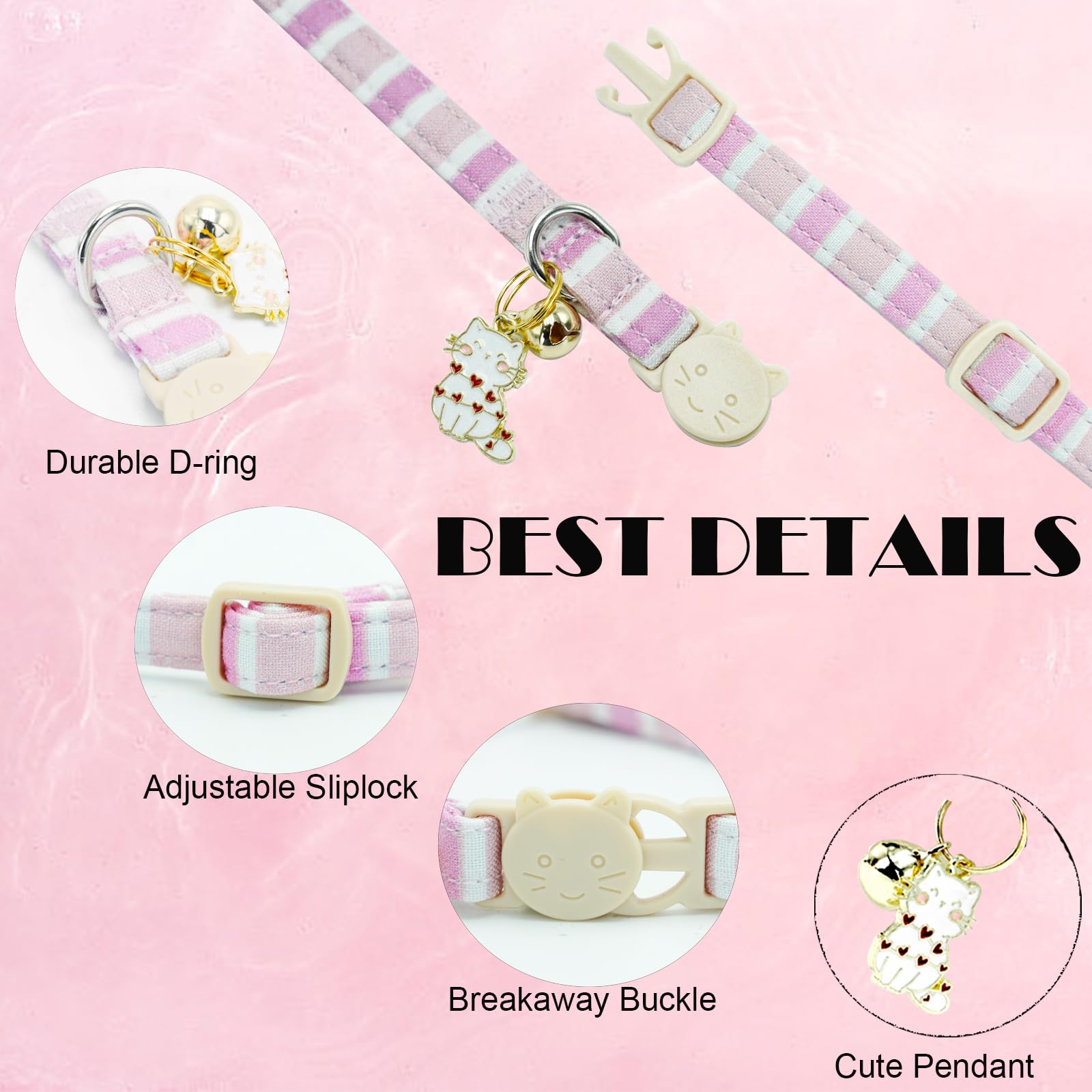 Elegant Little Tail 2 Pack Cat Collar-Pink Strip Cotton Breakaway Cat Collars With Bell Pendant Kitten Girl Safety Adjustable Co