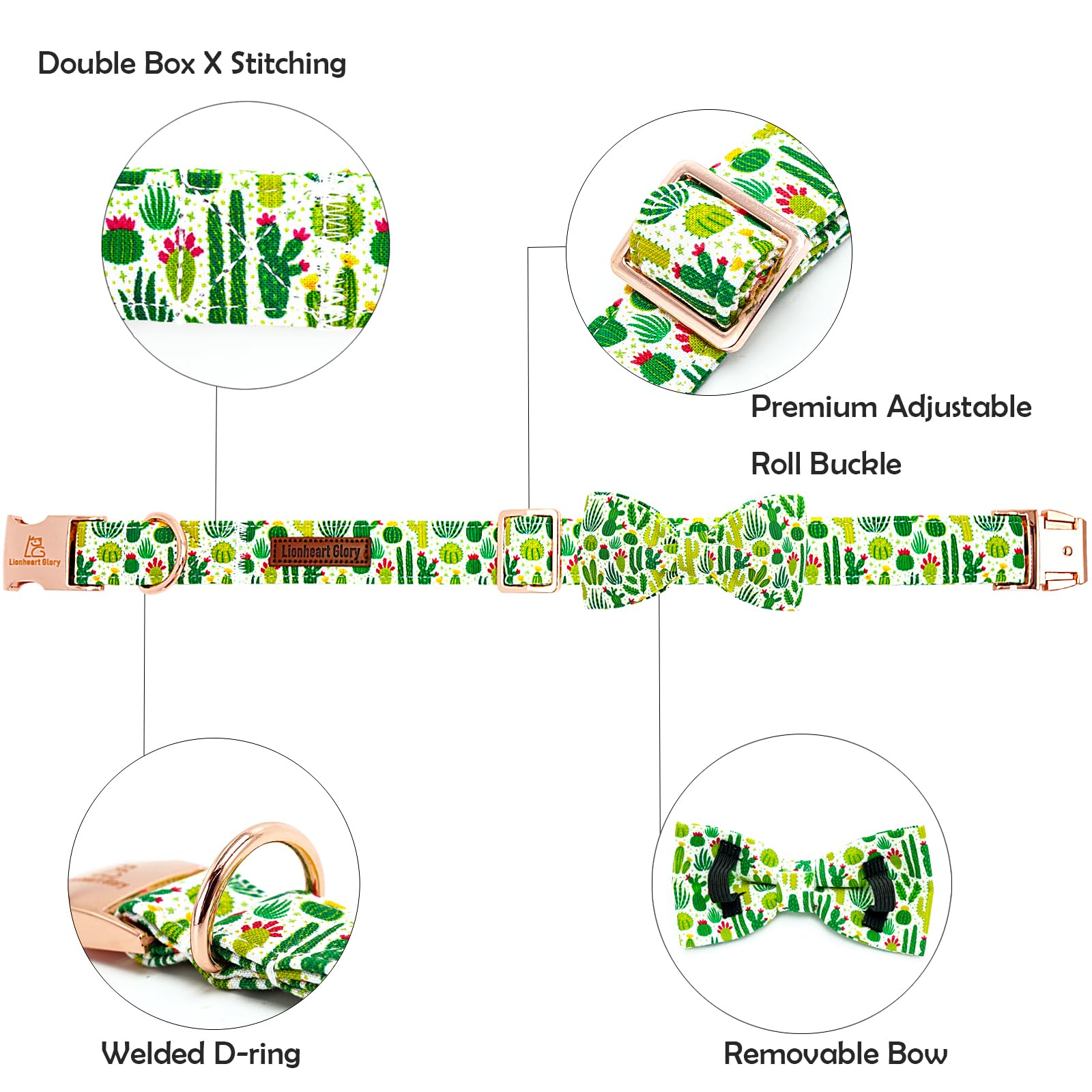 Lionheart Glory Dog Bow Collar Green Cactus Print Collars For X-Small Dogs,Spring Summer Cute Dog Collar With Bowtie Puppy Colla